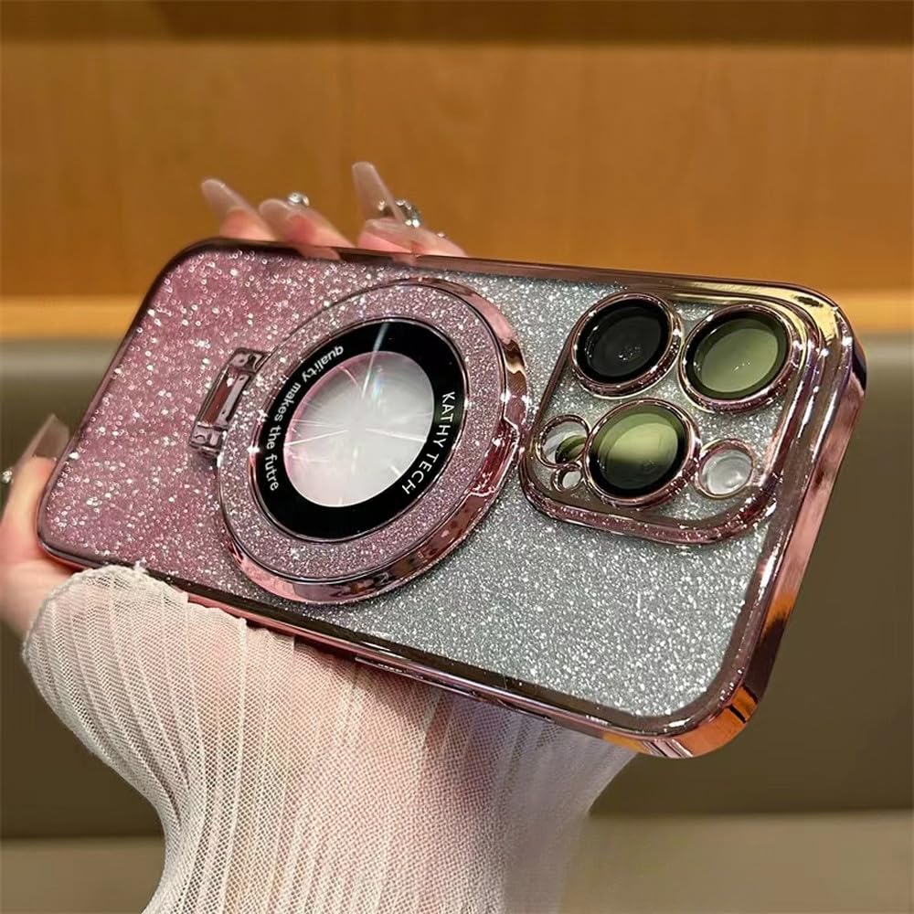 Etui z ładowaniem bezprzewodowym do iPhone'a 16 11 12 13 14 15 Pro Max Plus Brokatowy magnetyczny uchwyt pierścieniowy Przezroczysta osłona, różowy, do iPhone'a 14Plus