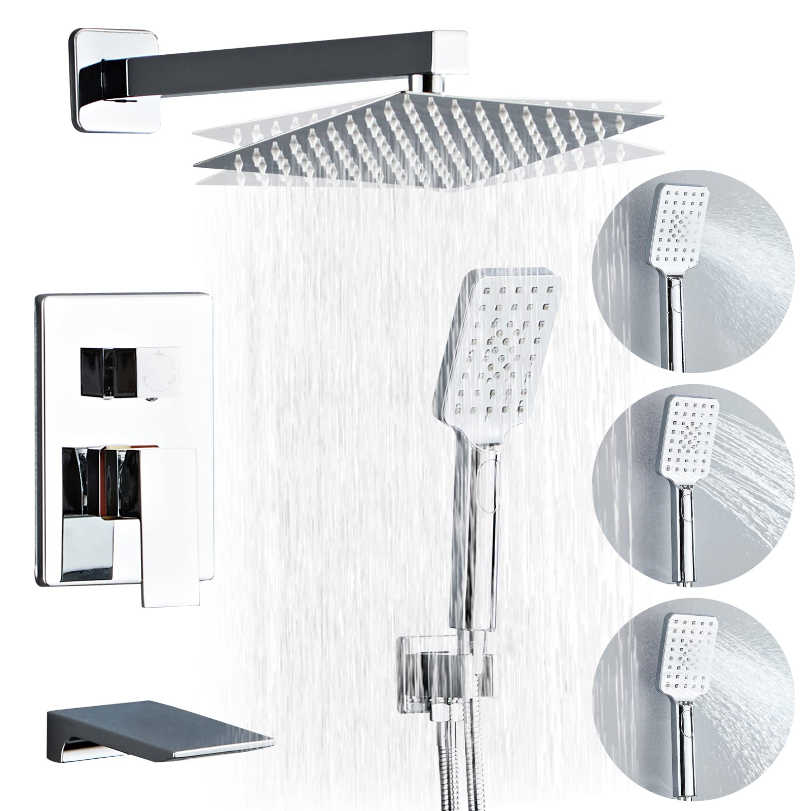 Photo 1 of Shower System with Tub Spout, Wall Mounted Shower Faucet Set for Bathroom, 8 Inch Square High Pressure Shower Head, 3-Setting Handheld Shower Faucets Sets Complete(Brushed Nickel) Brushed Nickel 8inch without tub spout