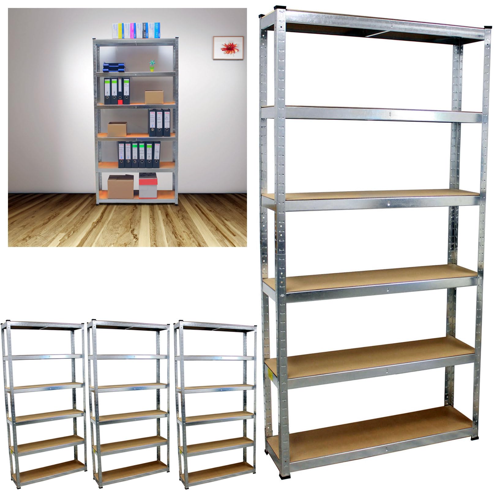 TRUTZHOLM Schwerlastregal 4er Set 200x100x30 cm verzinkt | Steckregal, 6 MDF-Böden je Regal, 900 kg Tragkraft, für Keller Garage Büro Archiv