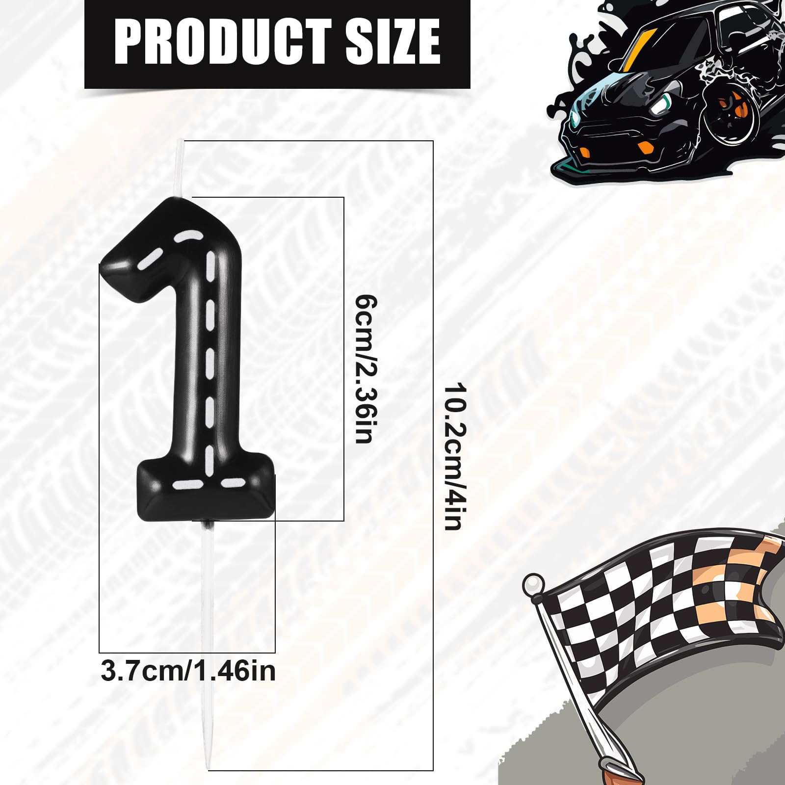 Rennwagen-Geburtstagskerzen - Set Mit Schwarz-weißen Zahlen, 6x3,7 Cm, Für Autoparty-Deko