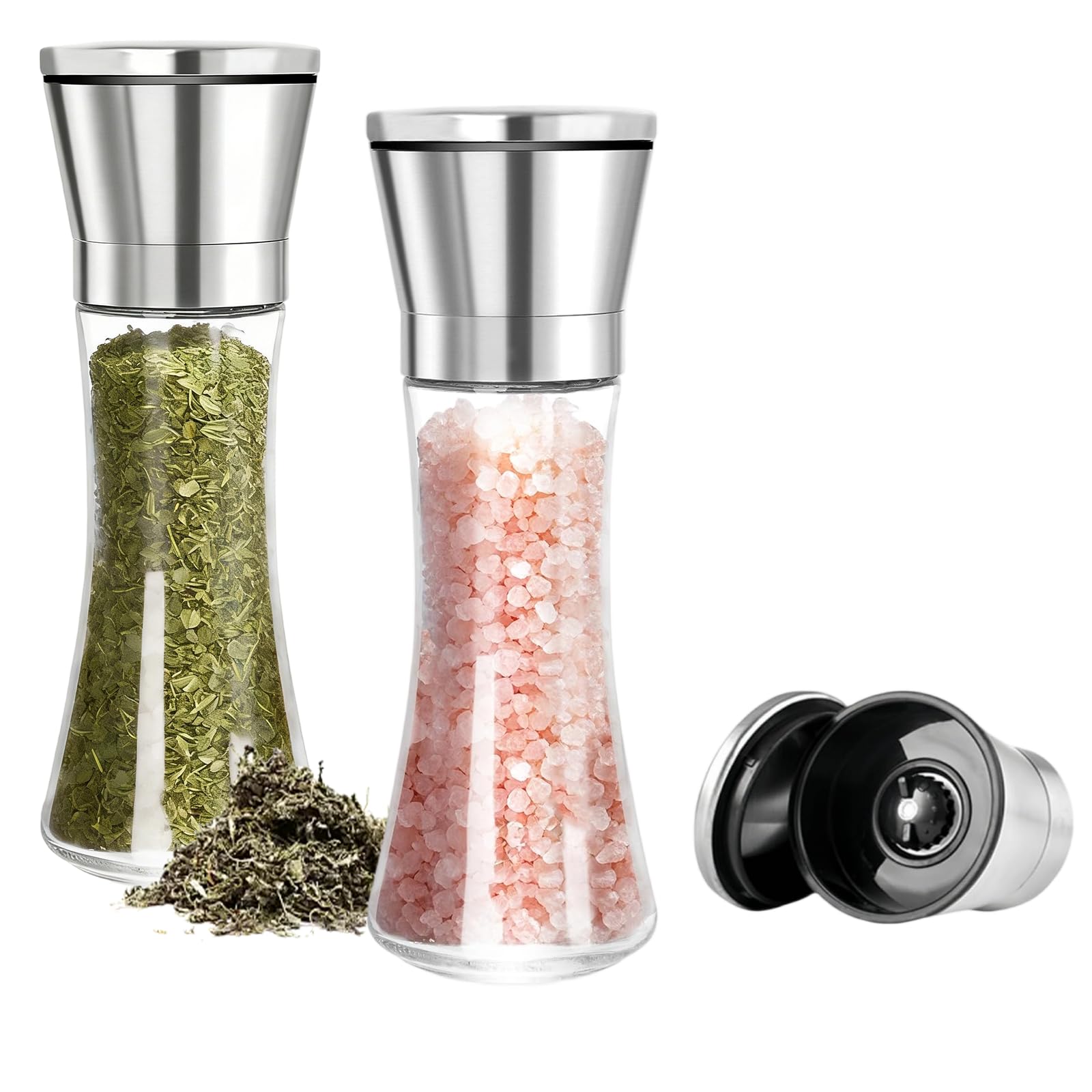 Salt and Pepper Grinder Set, Glass and Stainless Steel Refillable Salt & Peppercorn Shakers Adjustable Coarseness for Spices, Manual Salt Shaker (Spices Free) Easy to Use and Fill (2 - Pack)