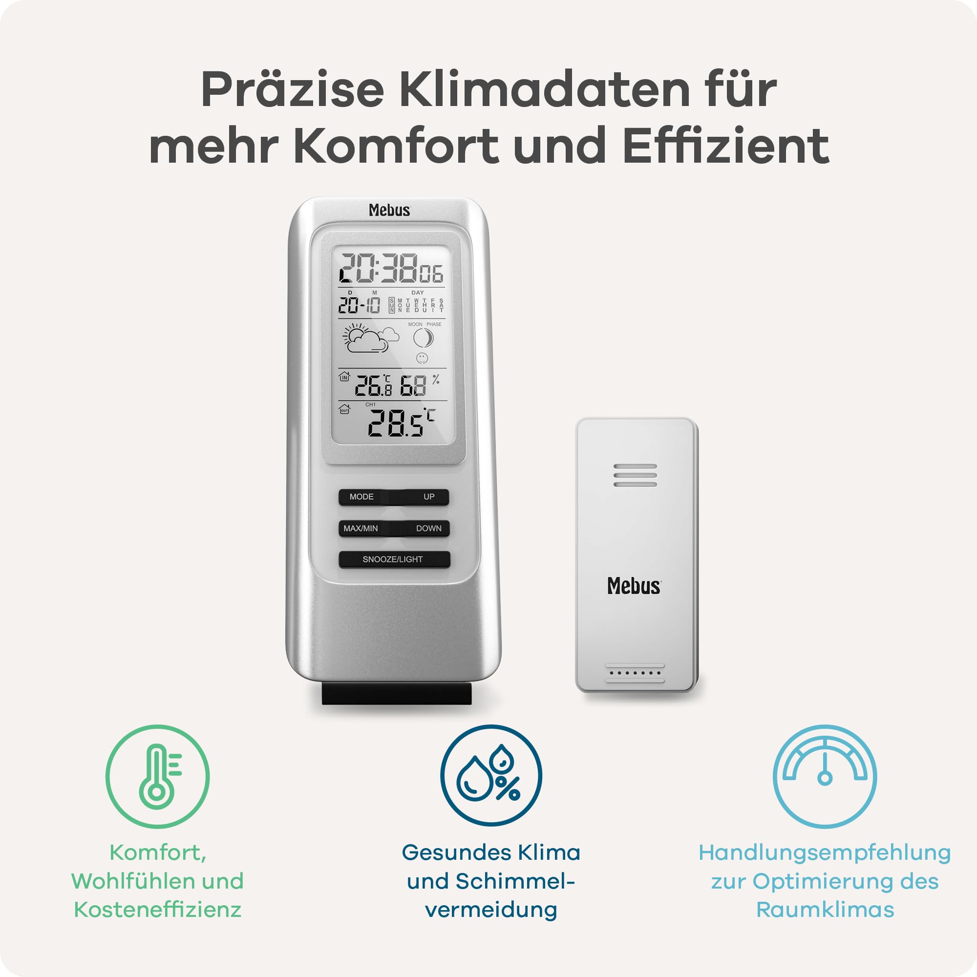 MEBUS funkgesteuerte Wetterstation mit Außensensor, Thermometer, Hygrometer, Funkuhr, Wohlfühlindikator bewertet Raumklima, Wettervorhersage, Mondkalender, Wecker, Farbe: Silber, Modell: 40627
