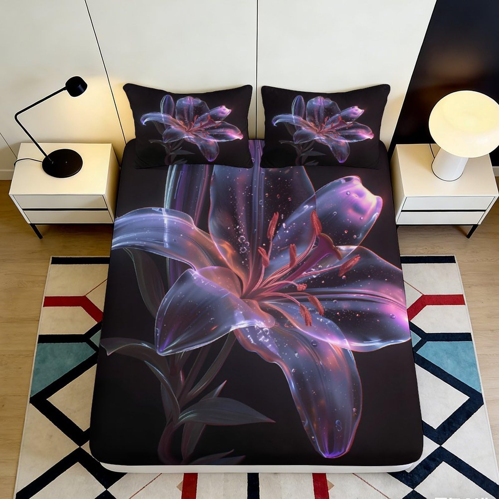 3D Printed Dreamy Lily Fitted Sheet Microfiber Deep Pocket Non-Slip Lily Mattress Fitted Cover Bedroom Bedding for Adults 200x200x25cm 90x200x25cm