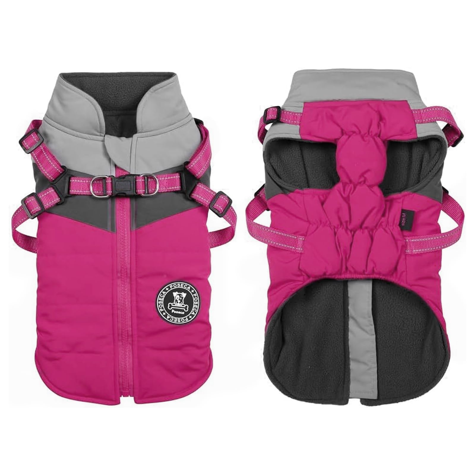 Poseca Dog Coat with Built-in Harness | 3-in-1 Waterproof Winter Jacket & Raincoat | Reflective Warm Puppy Clothes for Small Medium Dogs | Outdoor Walking (Rose Red, S)