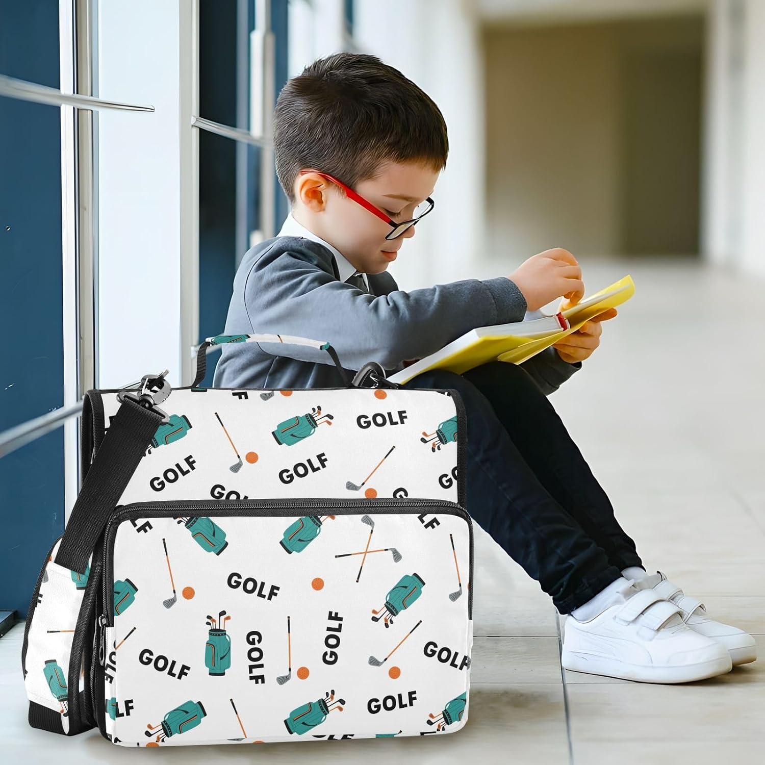 Golf Print 3 Ring Zipper Binder with Shoulder Strap & Handle 1.5 Inch D-Ring Zippered Bag with Pencil Pouch,Multiple Pocket & Expanding File Folder, Binder Organizer for School or Office