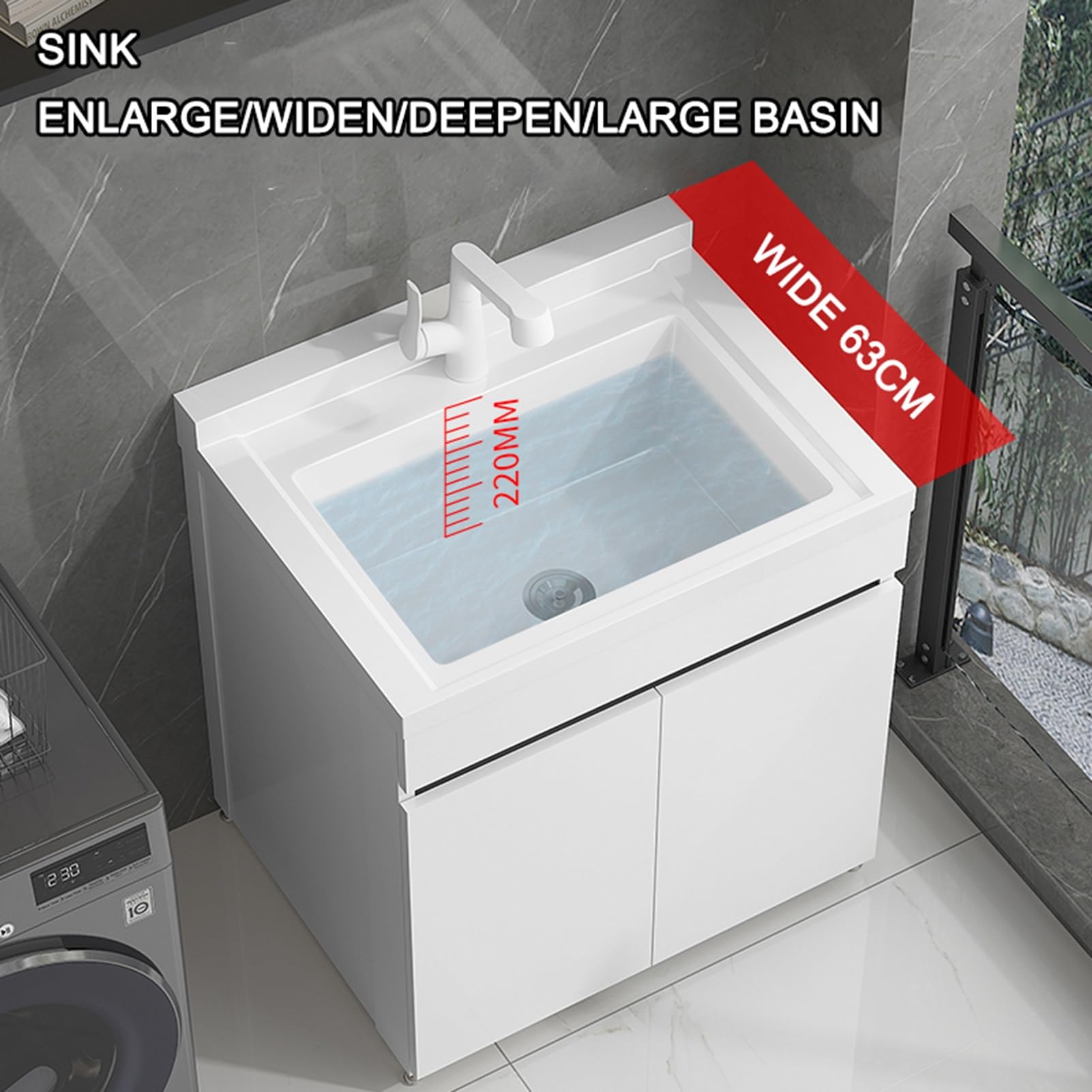 Lavandino con armadio e rubinetto estraibile, mobiletto da bagno autoportante, con rubinetto dell'acqua calda e fredda, per lavanderia, ripostiglio, cantina, un colore, 60 cm