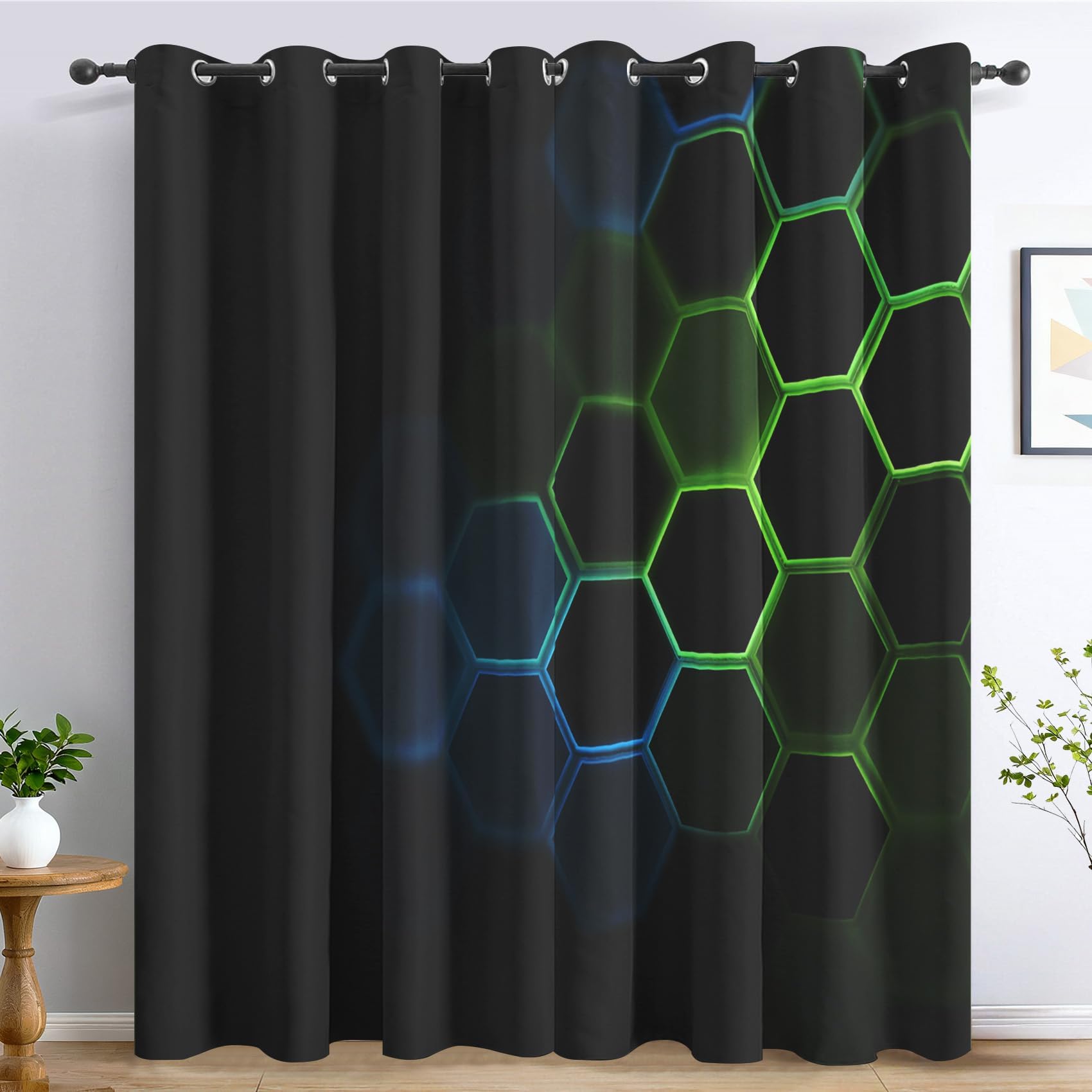 Wabenförmiger Verdunkelungsvorhang 140 x 175 cm (B x H) Geometrische Sechseckvorhänge für Jungen- und Teenagerzimmer, Wohnzimmer, Grün Blau Schwarz Modern Chic Kreative Gardinen, 2er Set