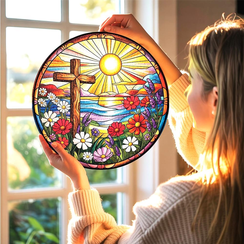 Cross and Wildflowers Stained Glass Suncatchers, 8 Inch Christian Stained Glass Suncatcher for Window Hanging Flower Cross Gift for Easter Mom Religious Christian Gifts Home Decor - Image 3