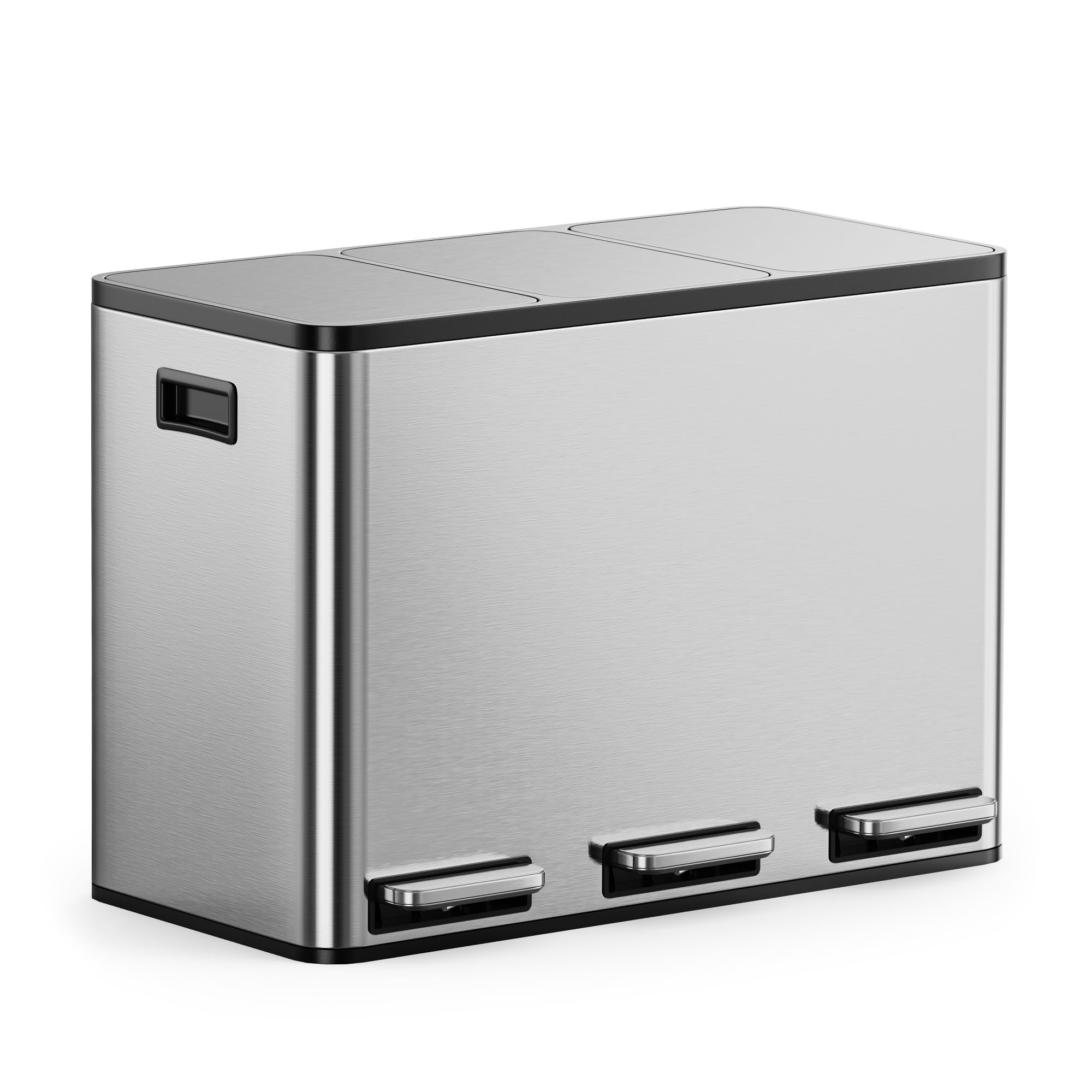 VonHaus Kitchen Bin, 45L Triple Recycling Bin for Kitchen, Stainless Steel Three Section Food Waste Separation System with Non-Slip Base & Removable Inner-Compartments, Airtight Trash Can, 3 x 15L