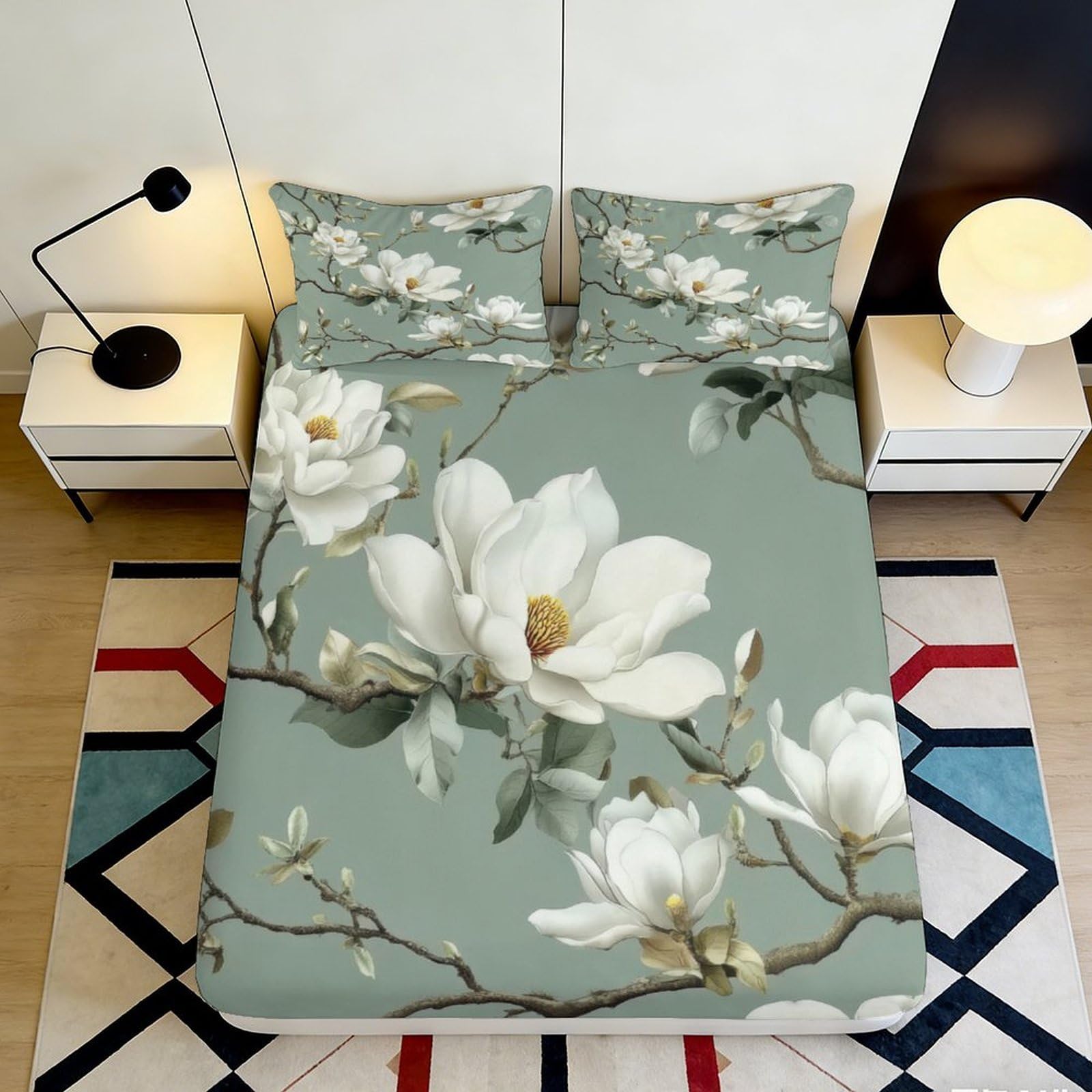 3D Printed Magnolia Blossom Fitted Sheet Microfiber Soft Green Floral Bed Cover for Bedroom Guest Room Decor 90x200x25cm