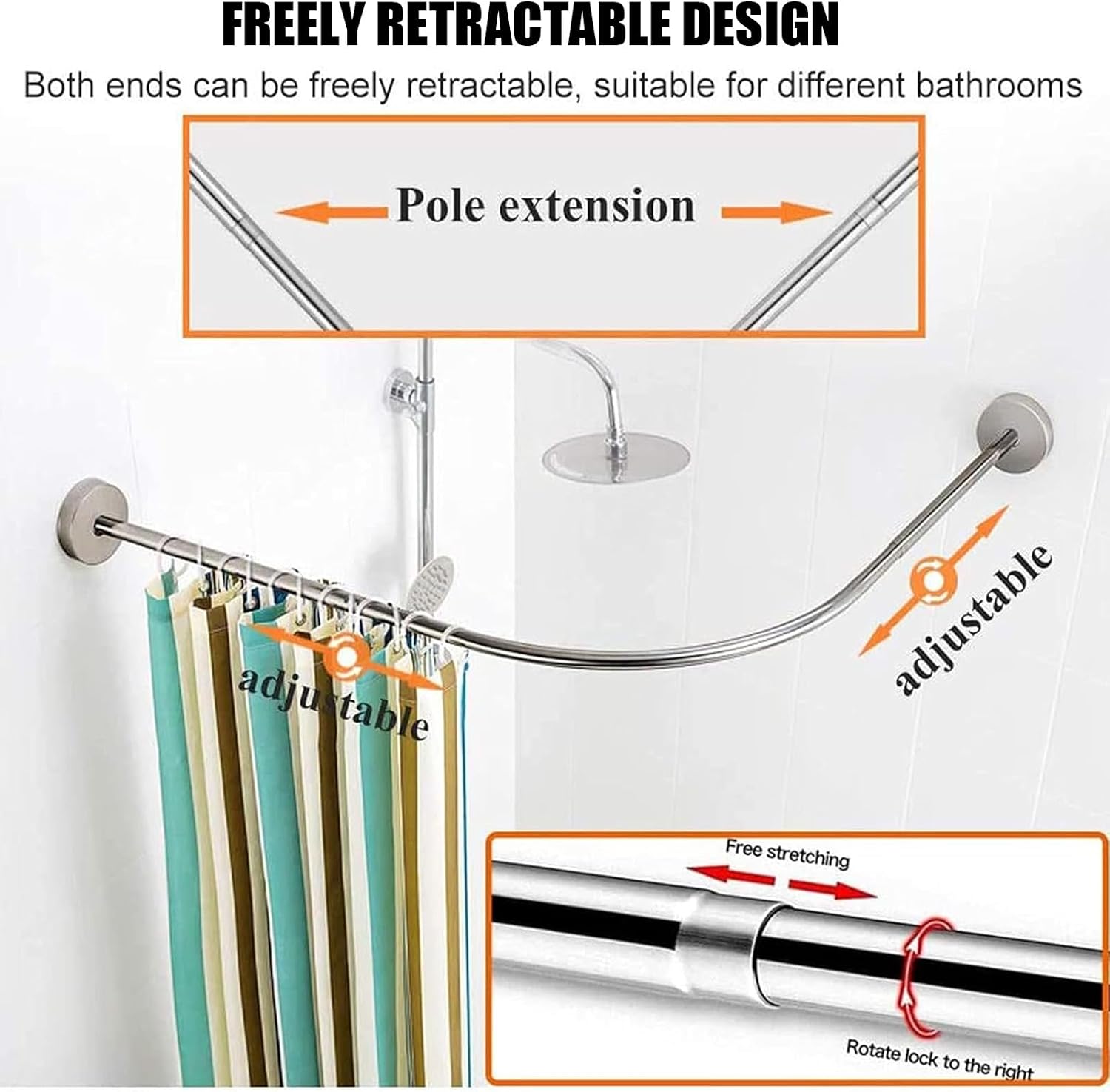 Adjustable Curved Stainless Steel Shower ain Rod - Easy Install Corner Bathtub Rail (60-80x60-80cm) - Drilling/No Drilling Opts for Versatile Use