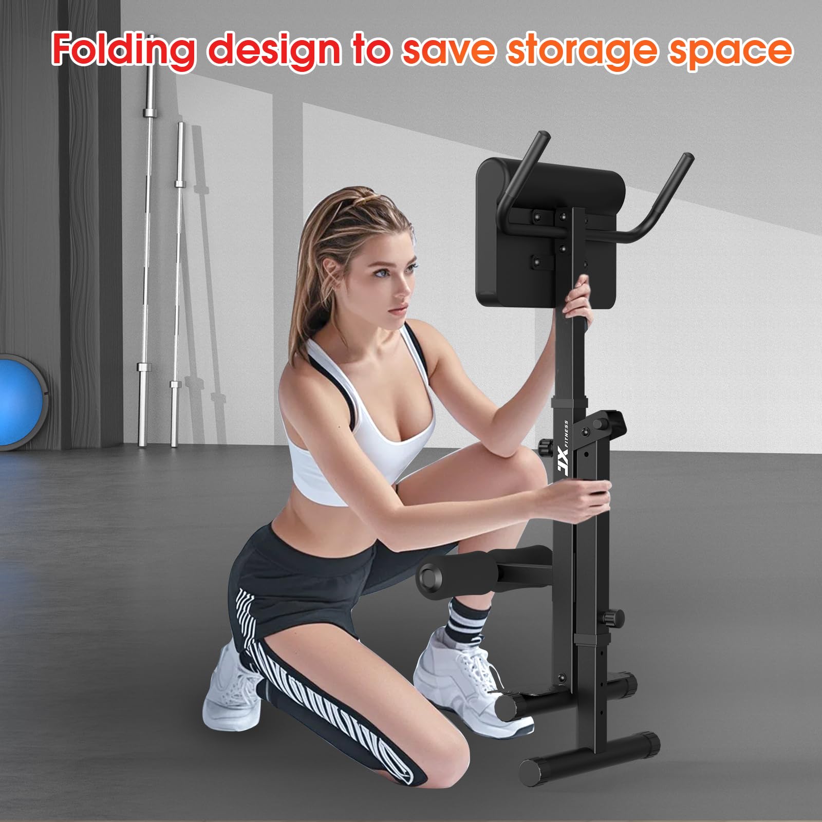 JX FITNESS Hyperextension - Panca regolabile per allenamento della schiena e degli addominali, pieghevole, colore: Nero