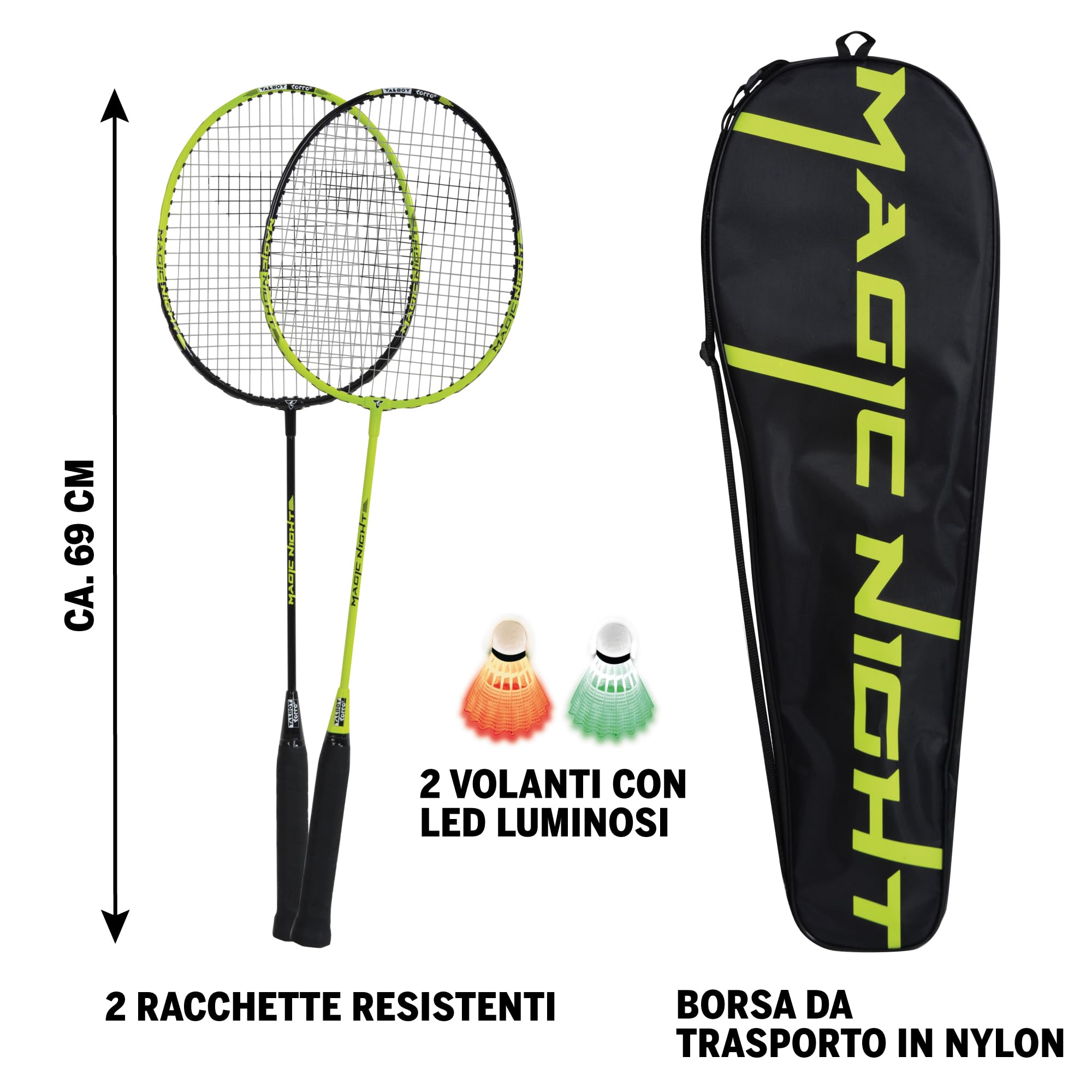 Talbot Torro Set da Badminton Magic Night, 2 Racchette, 2 volani LED per Il Gioco di Notte, in Custodia di Alta qualità, 449405