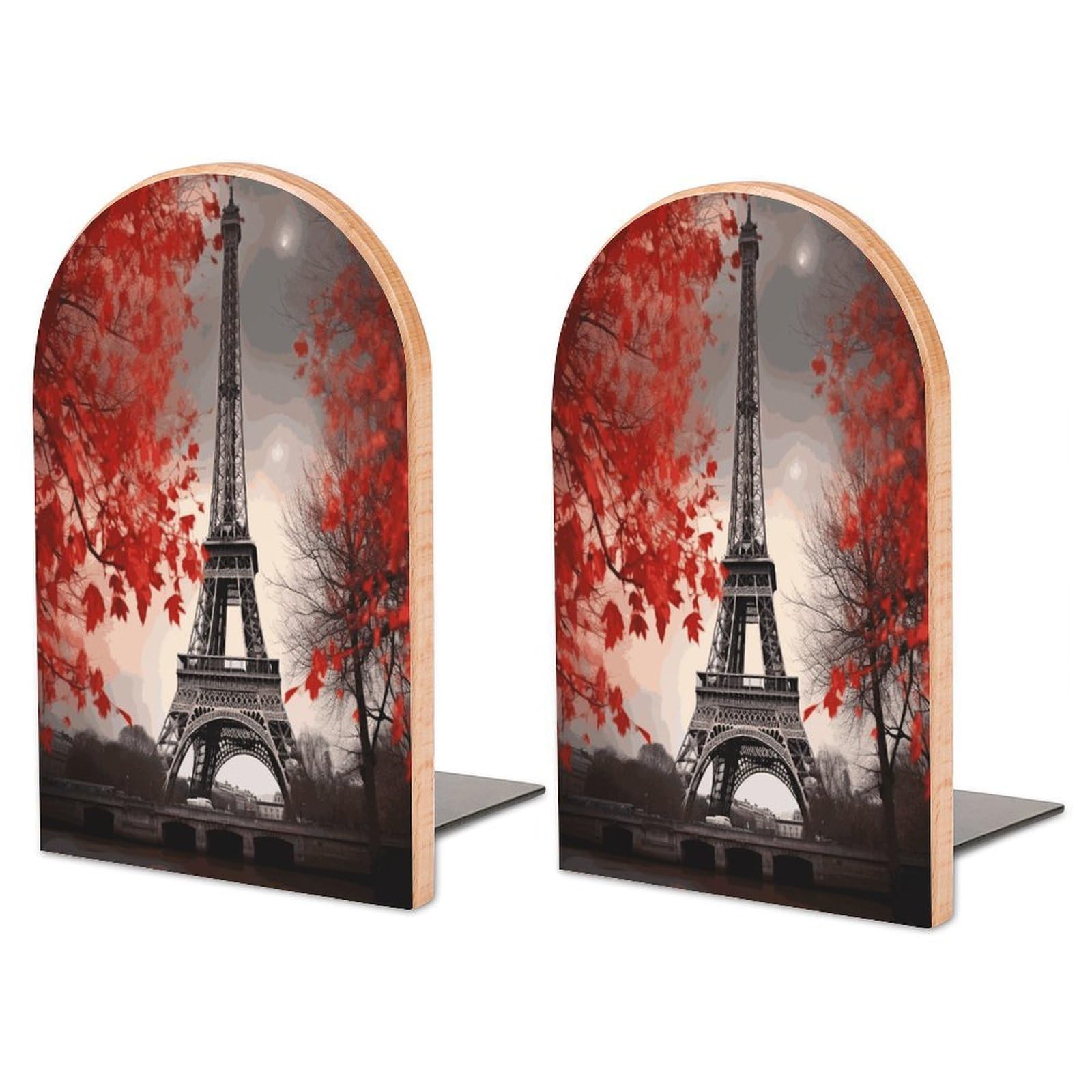 Eiffel Tower Autumn Leaves Bookend for Shelves Wooden Book End Large Size Sturdy Book Holders Stoppers with Metal Base for Bookshelves Slick Decorative Bookends Stands
