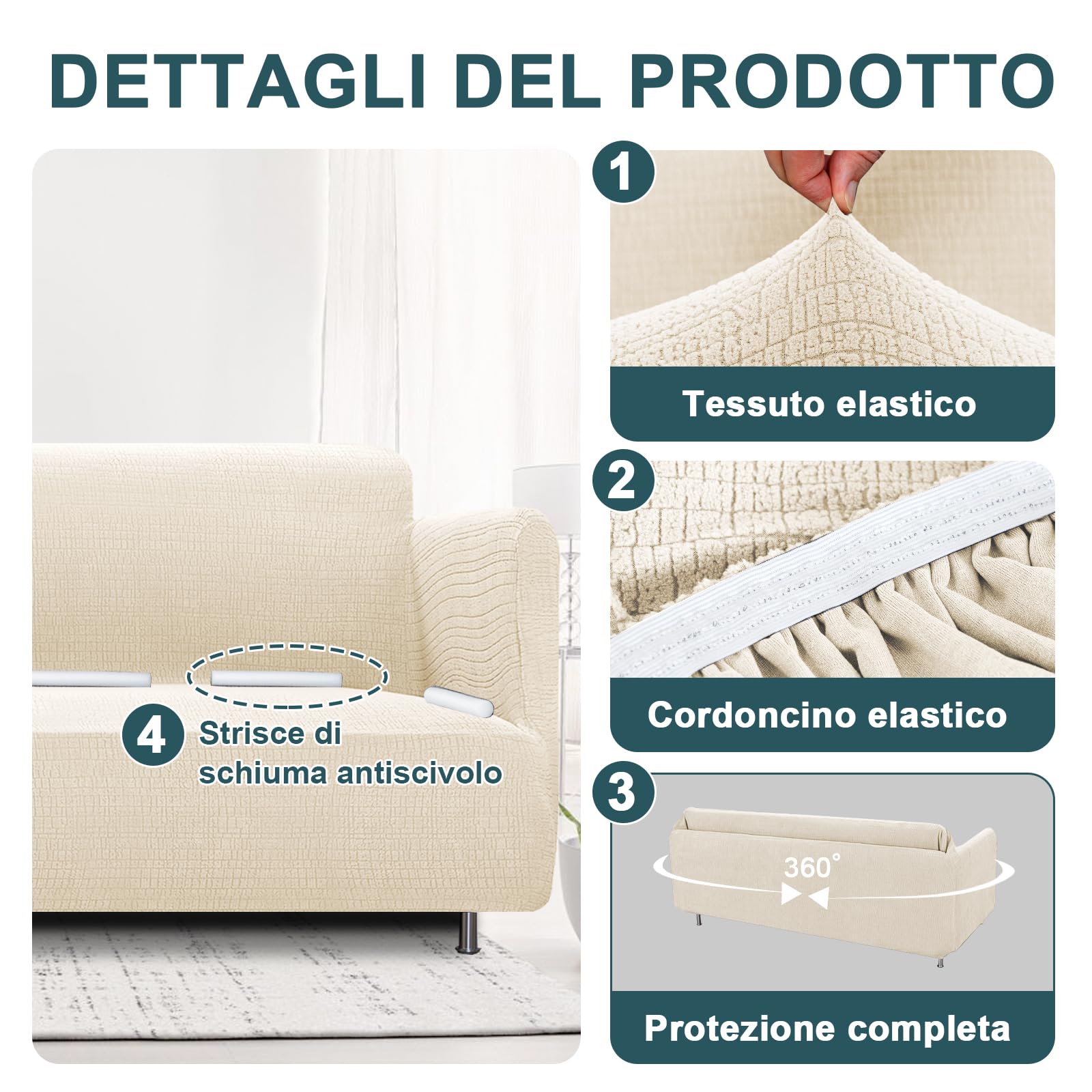 BellaHills Copridivano Grande 3 Posti Con Braccioli(225-260cm), Jacquard Copri Divano Antigraffio Gatto, Copridivani Elasticizzati, Fodera Divano Antimacchia Lavabile Antiscivolo, Naturale