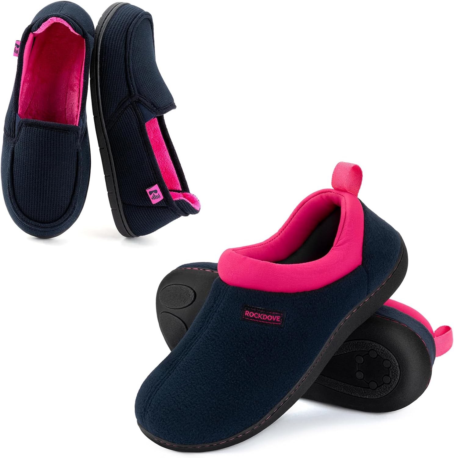 RockDove Set of 2 Pairs - Women's Size 10, Two-Tone Hoodback Slipper with Removable Insole (Dark Navy) Two-Tone Memory Foam Slipper (Dark Navy)