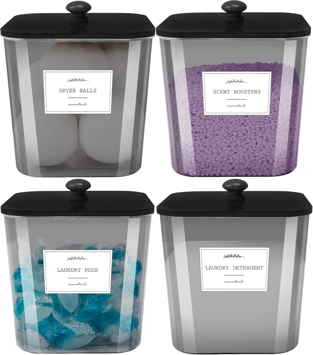 4 Pack Laundry Pods Containers & Powder Detergent Jars Set, Laundry Room Organization and Storage, Black Plastic Laundry pod holder with Lids, Scoops & Labels for scent booster, Dryer Balls, Beads