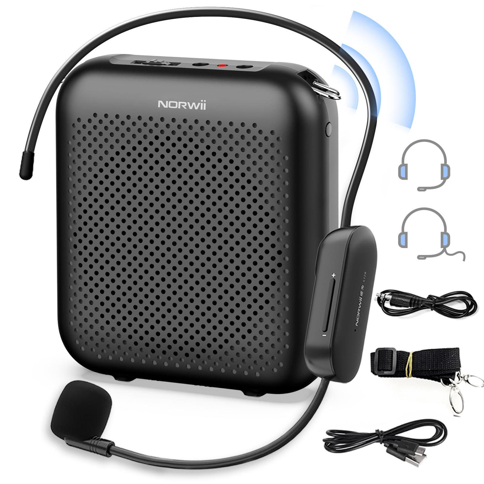 Norwii Kabelloser Sprachverstärker für Lehrer, Tragbarer Bluetooth Lautsprecher mit 2 Headsets, Mini Megafon PA-Endstufen für den Unterricht, Reiseleiter & Reden, 15W Leistung, 5200mAh Akku