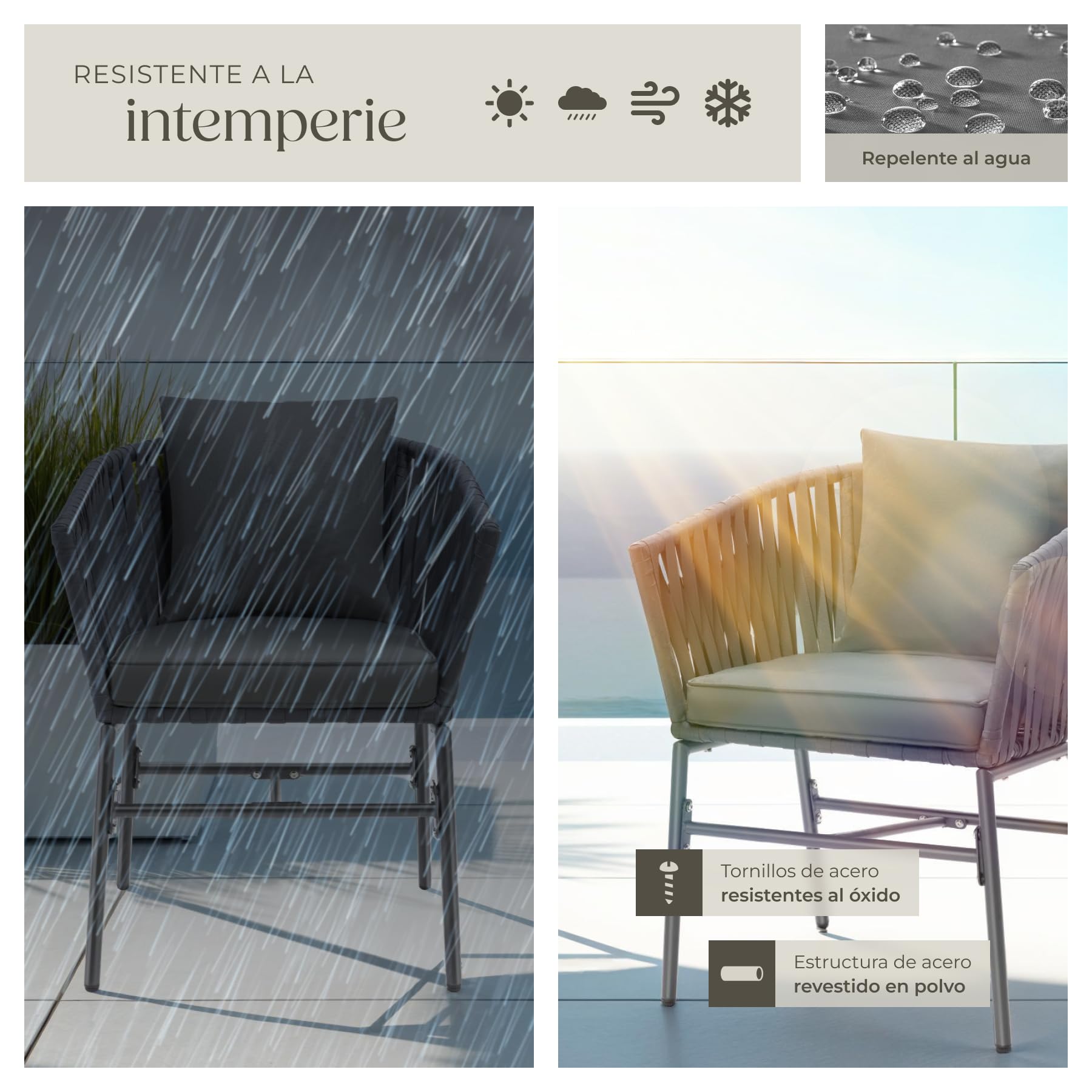 tectake® Sillas Jardin Exterior con Cojines Gruesos, Butacas Cómodas Terraza, Silla Cocina, Muebles de Exterior e Interior, Silla Tocador Maquillaje, Butacas de Comedor - 2 Sillas Gris Oscuro