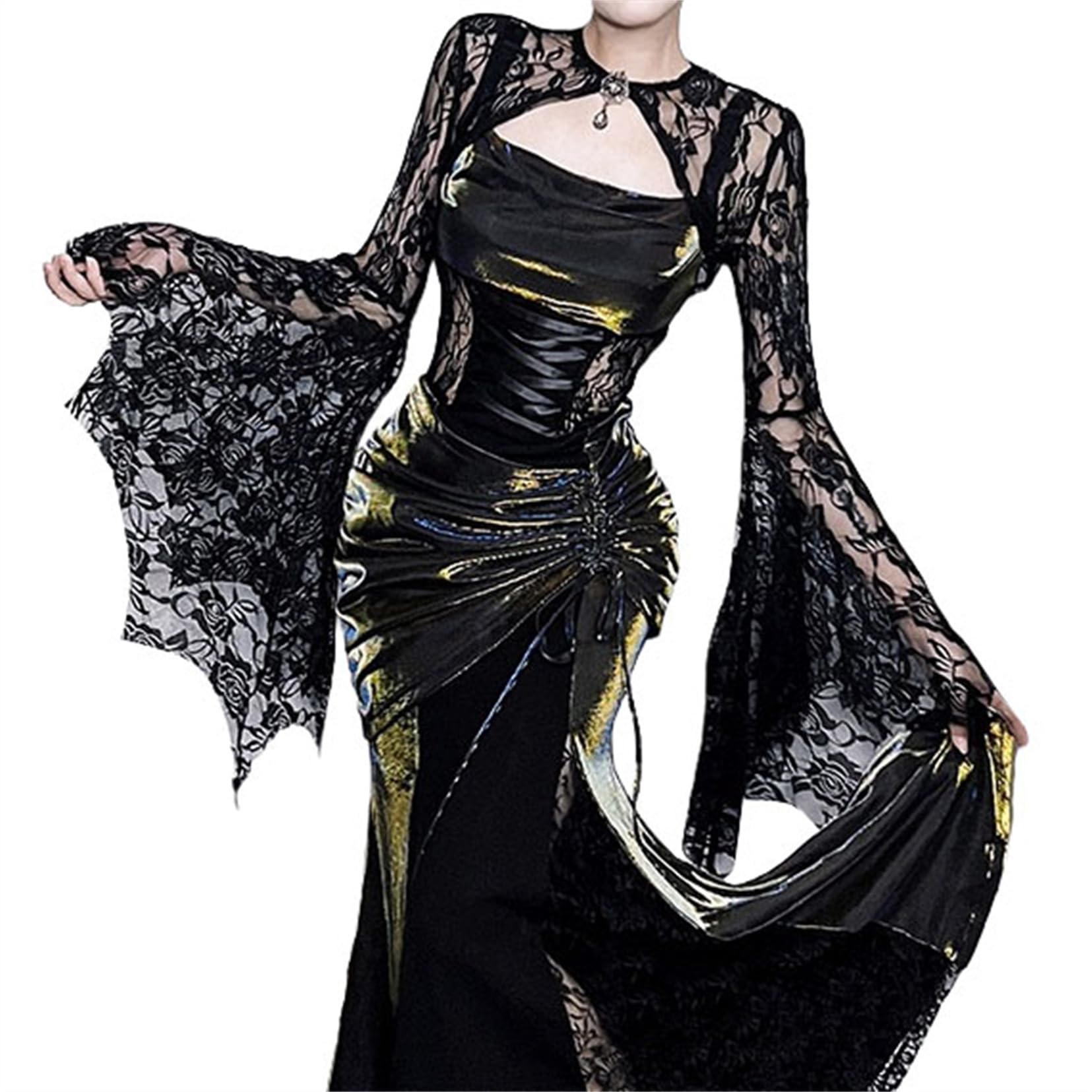 Women Goth Bell Bat Sleeve Crop Shrug Top - Victorian Sheer Mesh Floral Bolero Y2K Crew Neck for