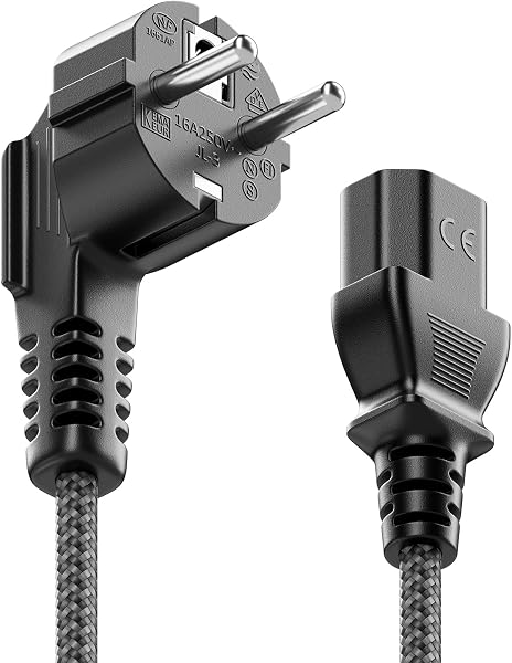 deleyCON 2m Cavo di Alimentazione IEC Angolato 90 Gradi in Nylon - Connettore Elettrico con Contatto di Protezione a 3 Poli (Spina Tipo F a Presa C13) per PC Computer Monitor Stampante - Grigio - 3