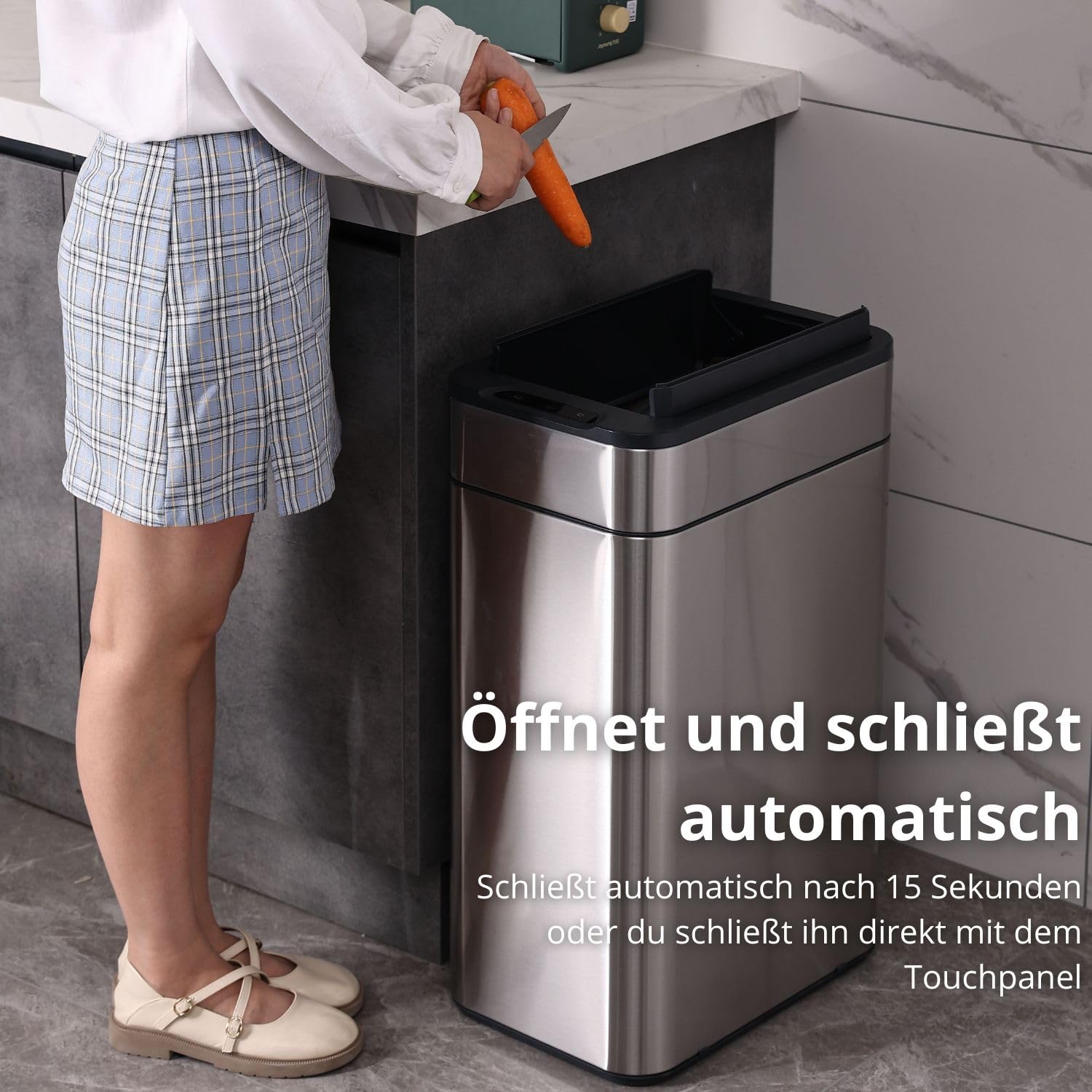 FLINQ 60L Sensor Mülleimer aus Edelstahl – Automatischer Küchenmülleimer mit Bewegungs­sensor – Großer Abfalleimer für Küche – Soft-Close Deckel - Silber