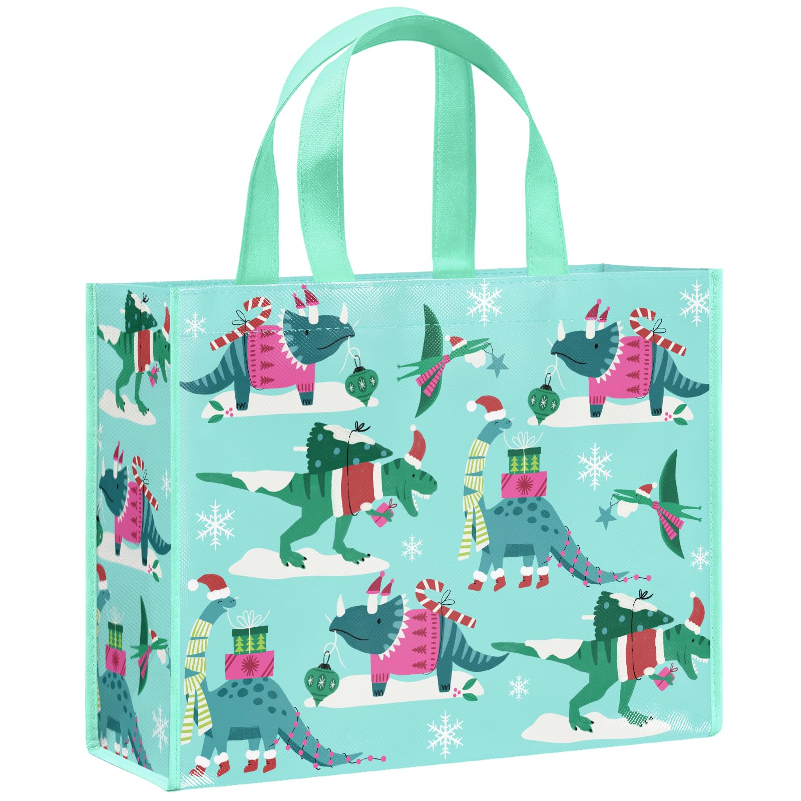 Loveinside 13" Large Christmas Reusable Gift Bag, Light Blue Dinosaur Xmas Design Recycled Gift Bag with Handles for Kids Boys, Xmas Party Favors, Holiday Decorations, Shopping, 13" x 5" x 10", 1 Pcs — image 1