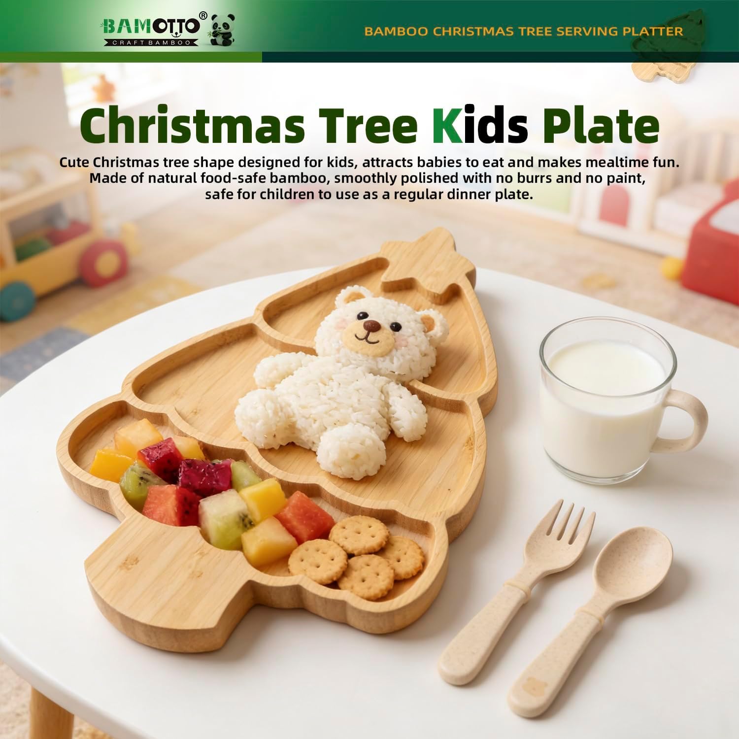Bamboo Christmas Tree Serving Platter - 13.5"x8.8" Large Kids Snack Plate, Food Safe Charcuterie Board for Christmas Thanksgiving, Divided Tray for Fruit, Dessert, Baby Food - Image 5
