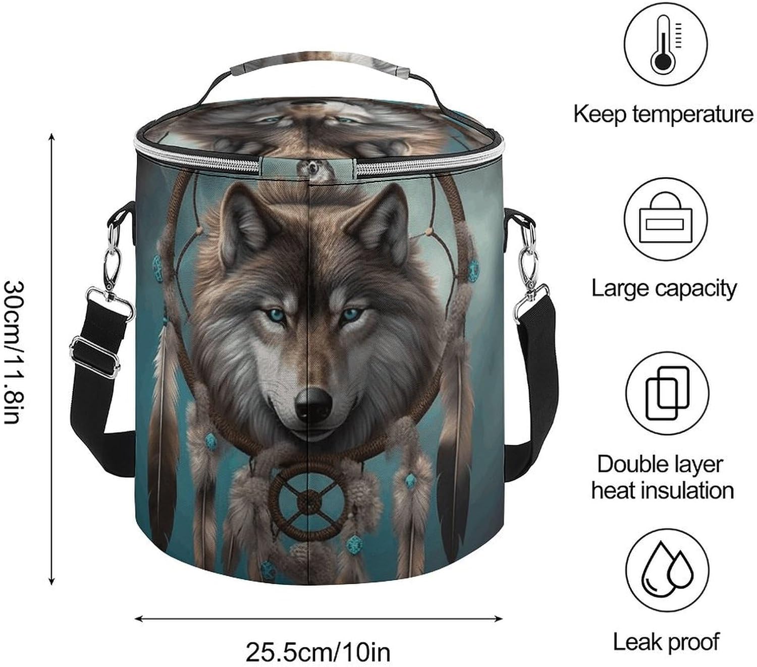 3D Wolf Dream Catcher Lunch Bag 15L, Insulated Picnic Basket with Leakproof Design - Large Cooler Tote for Camping, Beach, Hiking & Groceries