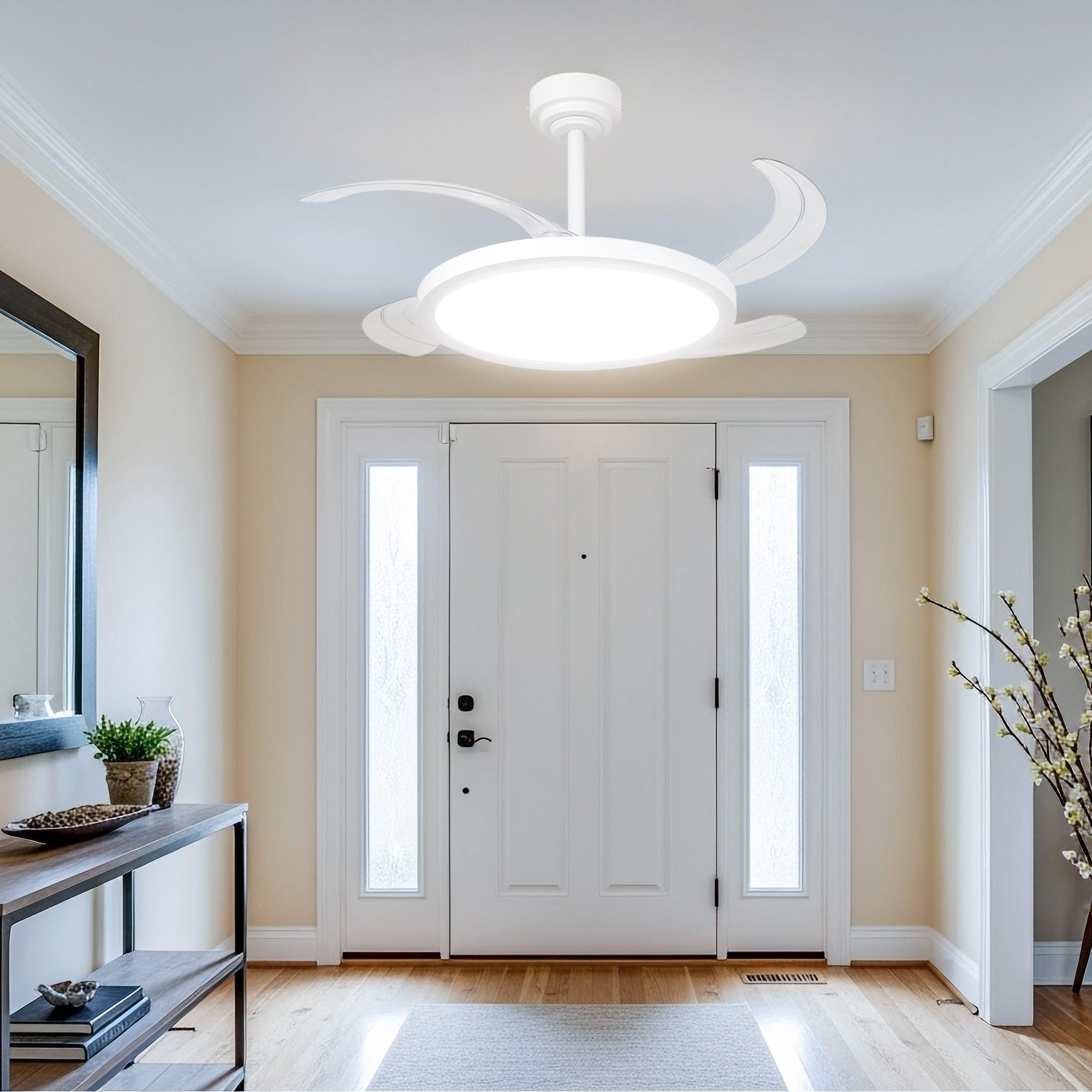 Zephir Ventilatore LED Con Pale A Scomparsa, Luce Bianca CCT 40W, 6 Velocità, Timer, Funzione Reverse E Notturna, 4 Pale Trasparenti, 40x49 Cm