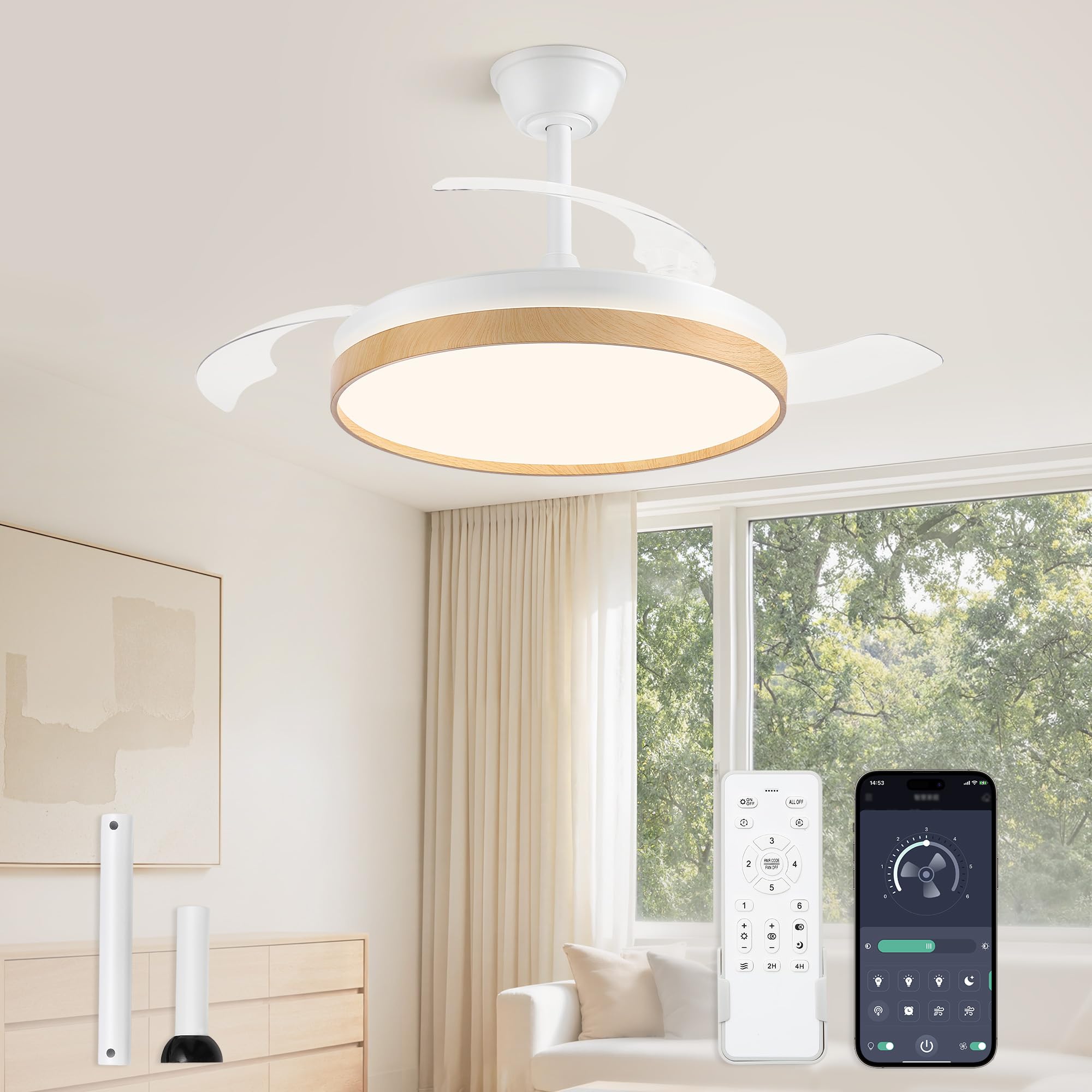 ZMISHIBO Ceiling Fan with Light 107 cm, Ceiling Fan Lamp with Retractable Blades, Reversible DC Motor, Quiet, 3000 ~ 6000K, 2 Hanging Bars (Wood)