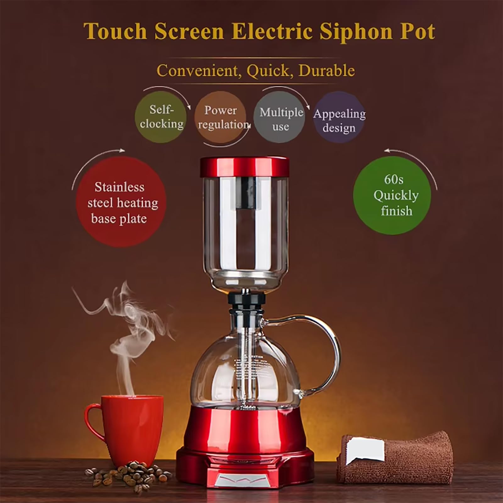 Cafetera De Sifón De Vidrio Al Vacío De 1 a 3 Tazas, Cafetera De Sifón De Sobremesa con Chasis Calefactor De Acero Inoxidable, Potencia Ajustable De 200 a 500 W Y Temporizador Automático