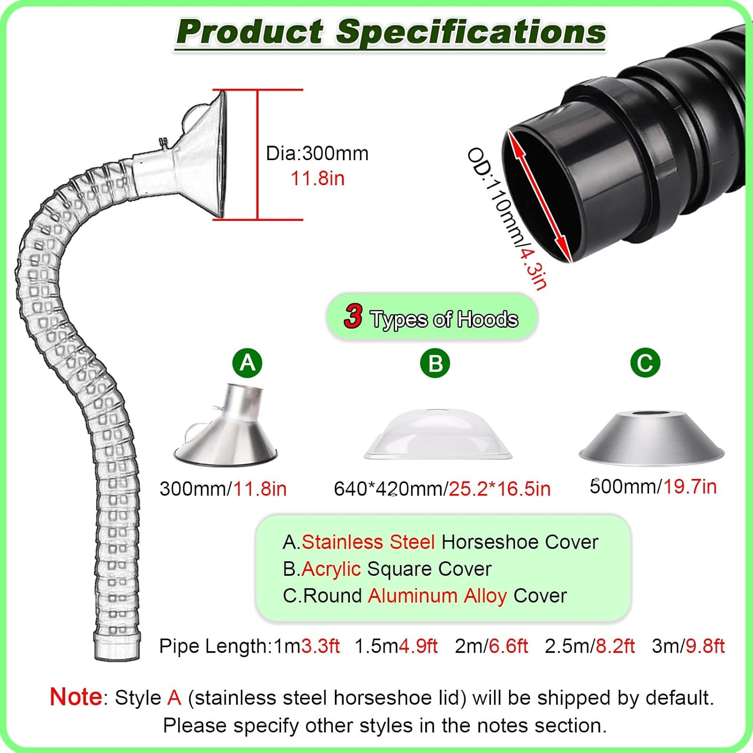 Adjustable Fume Extractor Arm with Stainless Steel Hood, 4"-8" OD Flexible Duct for Beauty Salon, Articulated Smoke Collection Hose, 9.8FT Length (OD4.3/11CM)