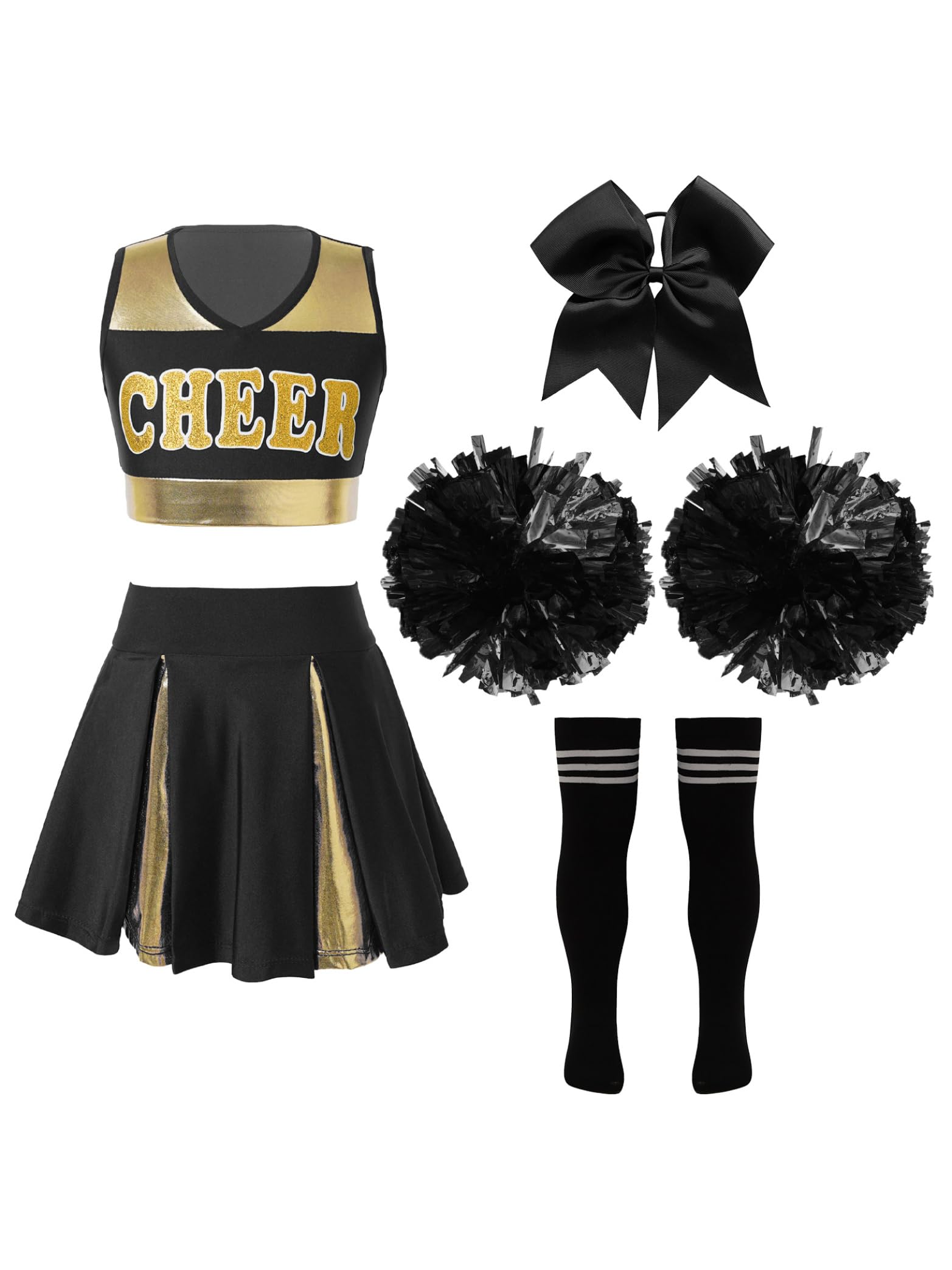 Miaeowve Kids Girls Cheer Leader Costume Outfit Set Cheer Team Uniform School Cheerleading Dance Fancy Dress up A Black&White 5-6 Years