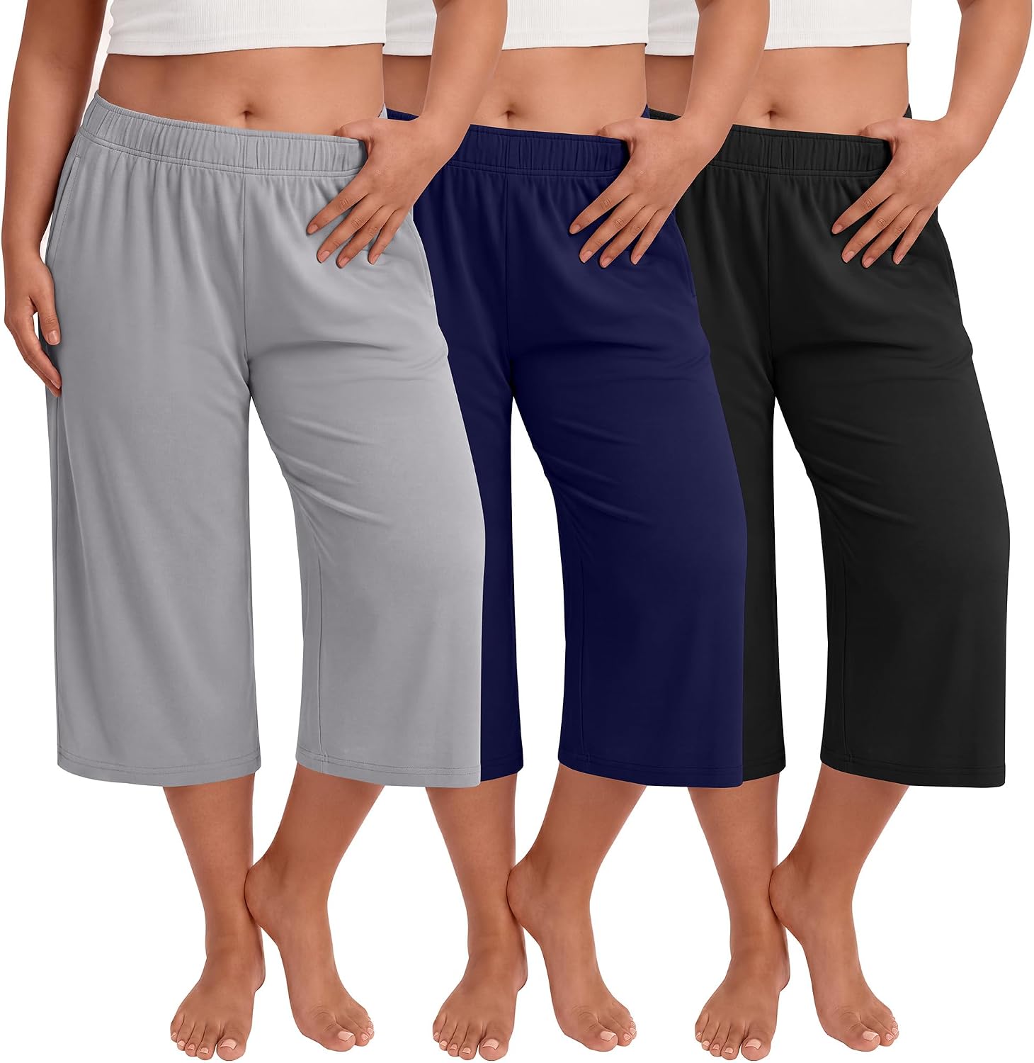 3 Pack Women's Plus Size Capri Pants Wide Leg Yoga Elastic Waist Cropped Casual Drawstring Sweatpants with Pockets
