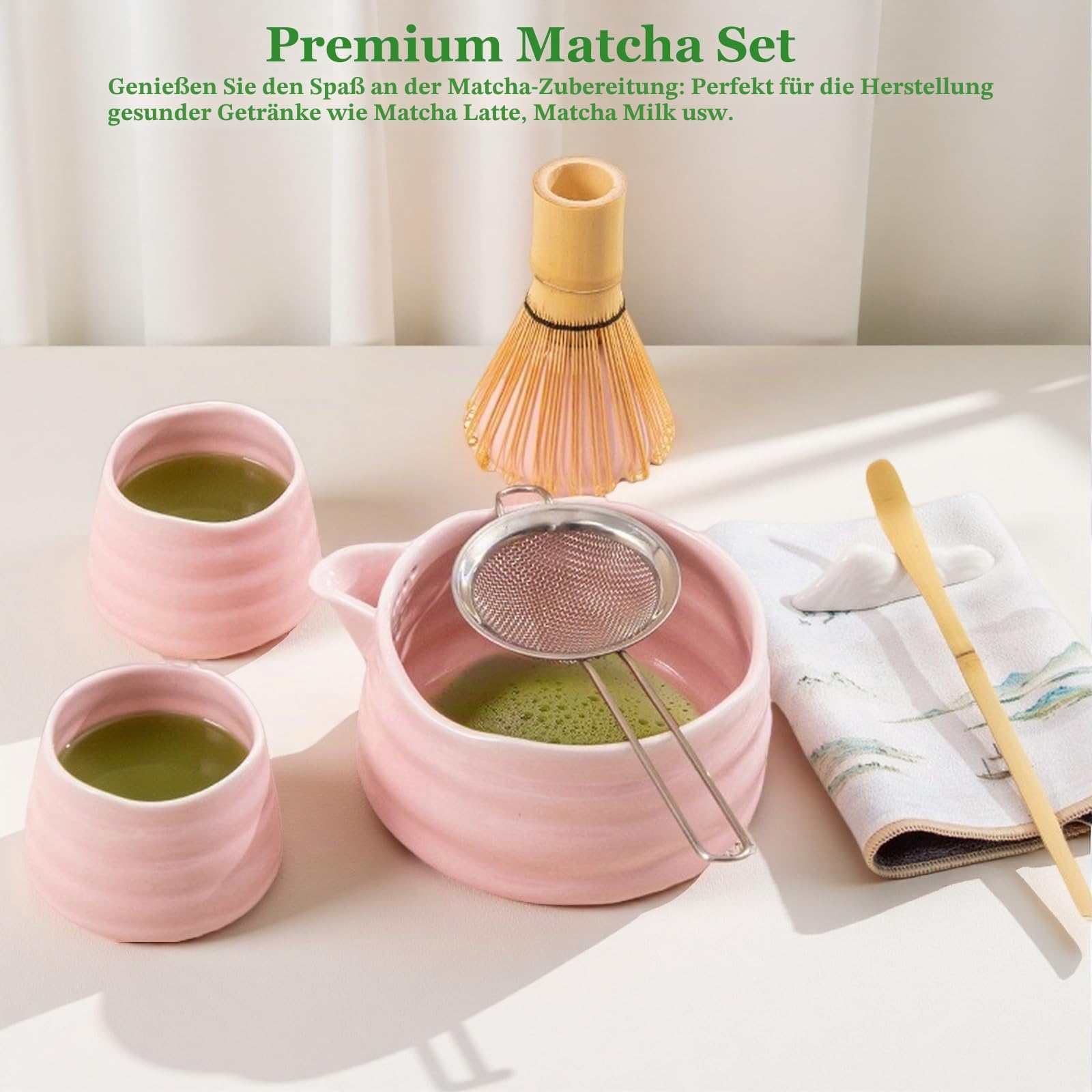 Matcha Set 9-Teiliges, Matcha Set Rosa mit Matcha Besen,Chasen,Matcha Schale,2 Matcha Tasse,Sieb,Löffel, Keramikschaufelständer,Teetuch aus Baumwolle Macha Tea Set Für Matcha-Liebhaber