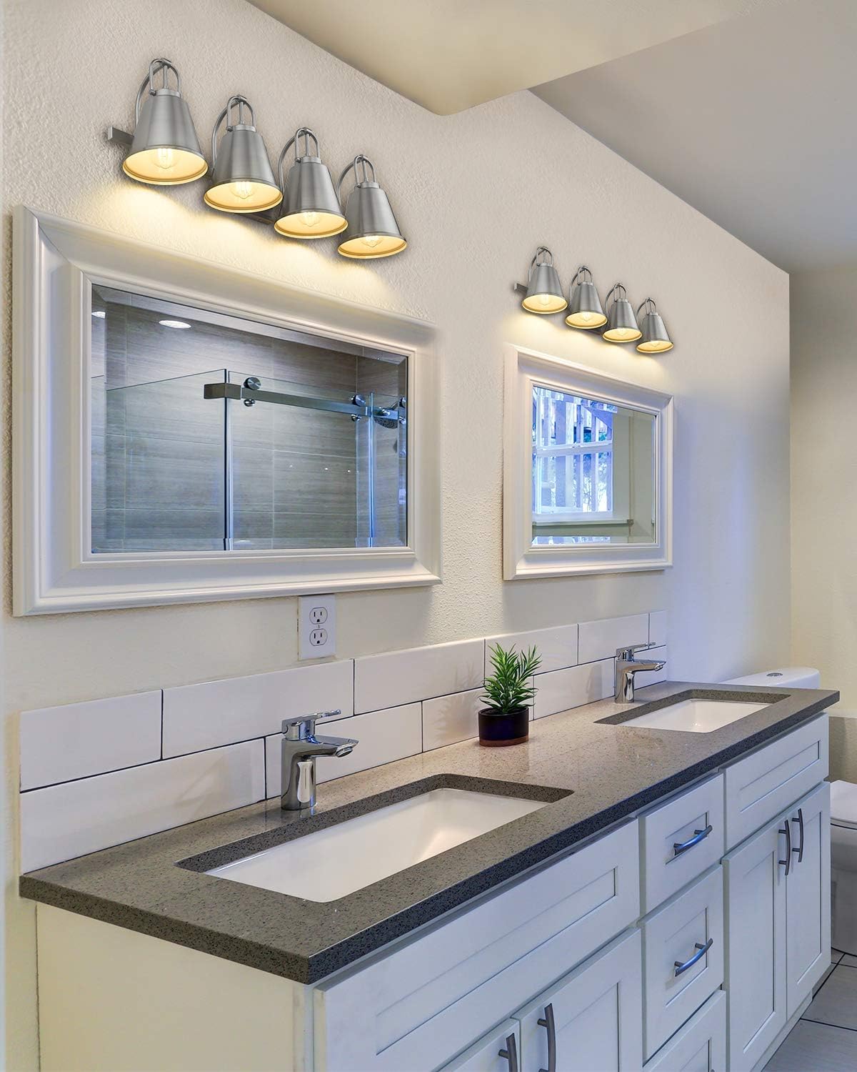 Review Discount FEMILA Bathroom Vanity Wall Light, 4-Lights Vintage Wall Sconce Lighting with Metal Shades, Brushed Nickel Finish for Bathroom Bedroom Kitchen Living Room, 4FH08-4W BN