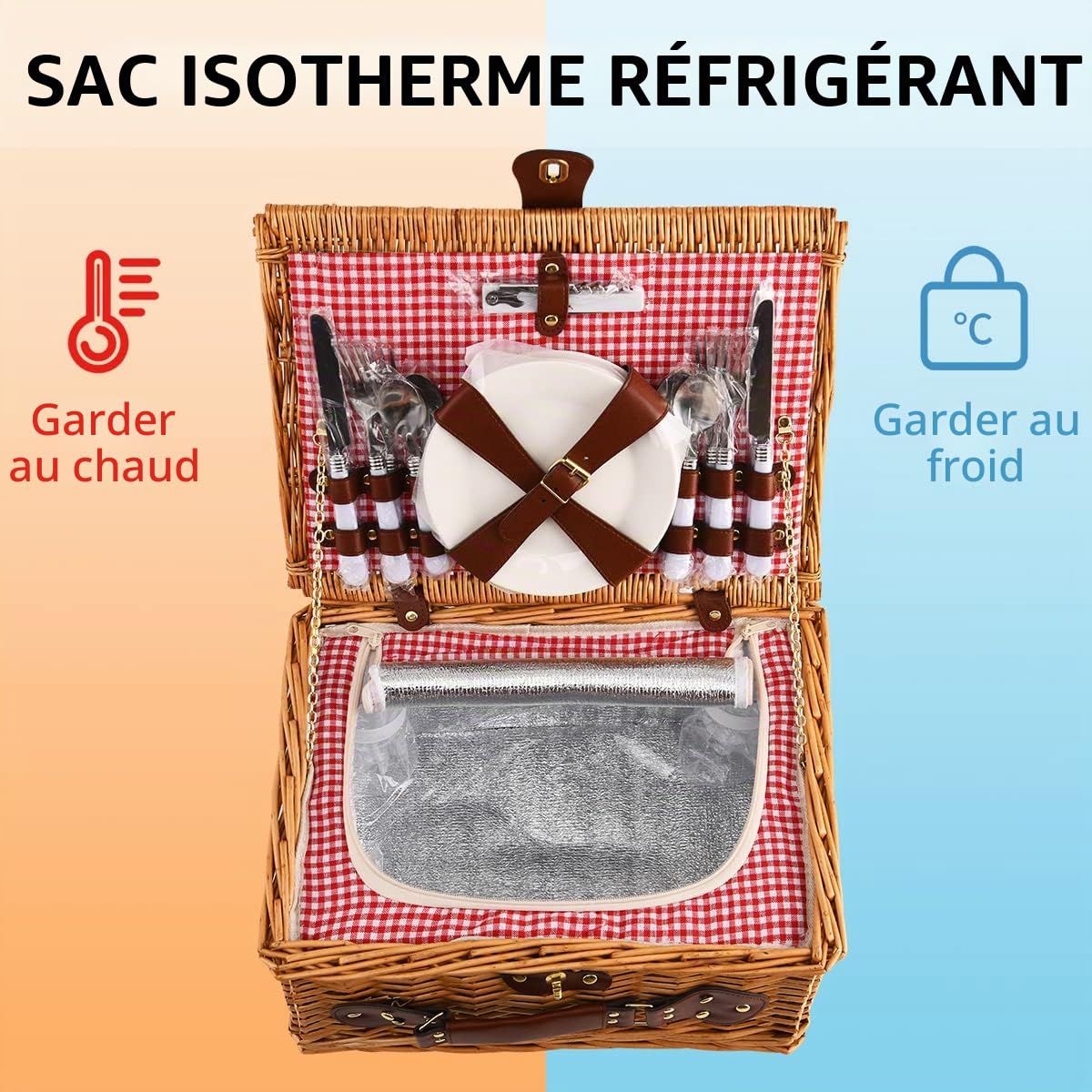 Willow Hamper Panier de pique-nique en osier pour 4 personnes avec compartiment isotherme et couverture imperméable