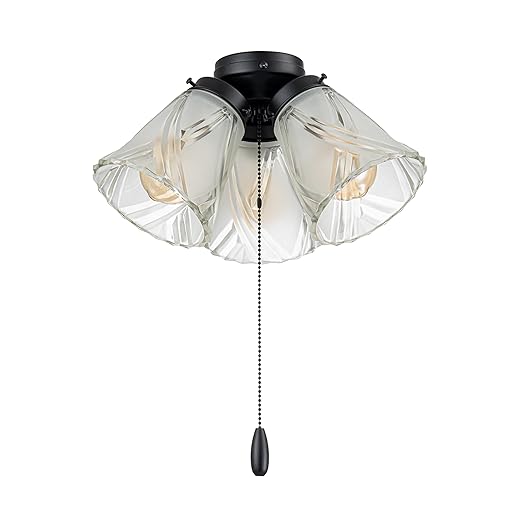 Aspen Creative 22012-3, Three-Light Ceiling Fan Light Kit with Pull Chain, Matte Black Finish with Frosted and Clear Glass Shades, 14" Diameter x 7-3/8" Height