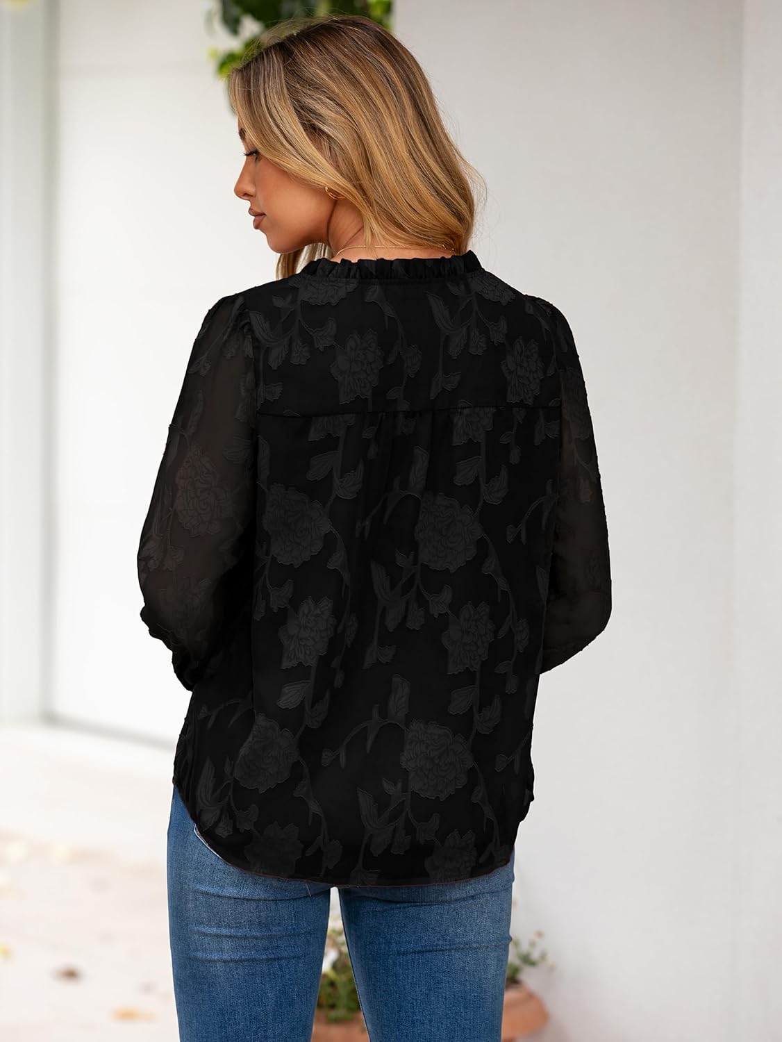 Simplee Womens Dressy Casual Blouses Long Sleeve V Neck Chiffon Burnout Shirts Loose Business Work Top Fall Outfits - Image 6