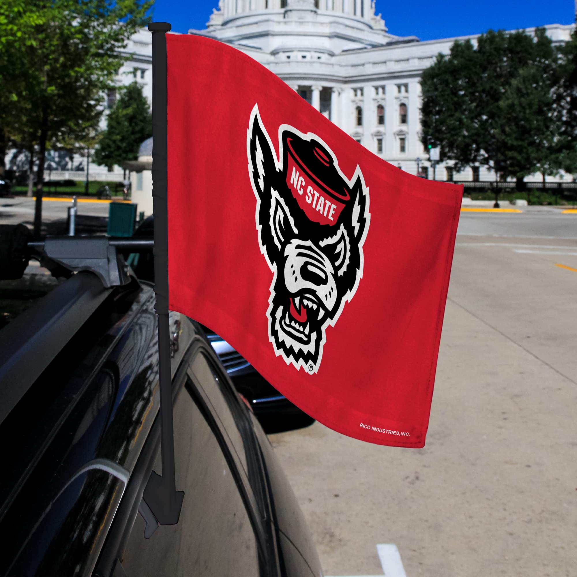 Rico Industries NCAA N.Carolina State Wolfpack Black Pole Car Flag W' Black Pole Double Sided Car Flag - 16