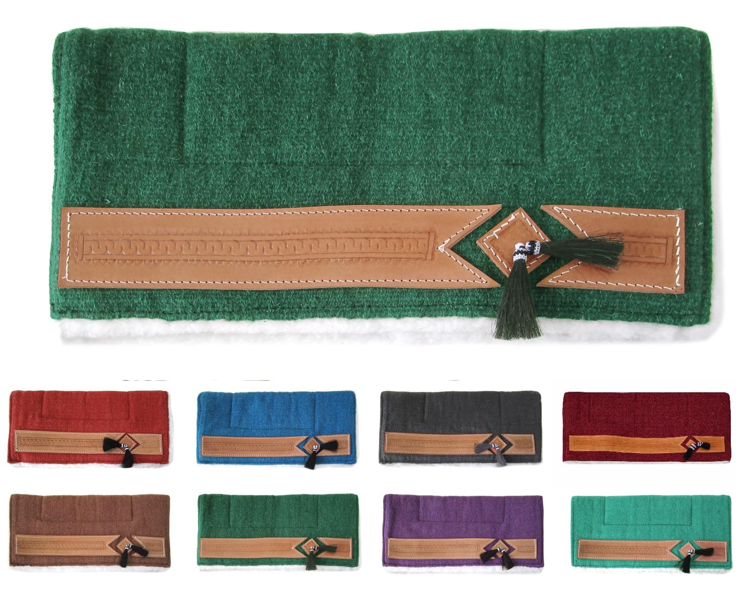 NETPROSHOP Pony Western Pad mit weichem Webfell und Lederverzierung, Rückenlänge 62 cm, Dunkelgrün