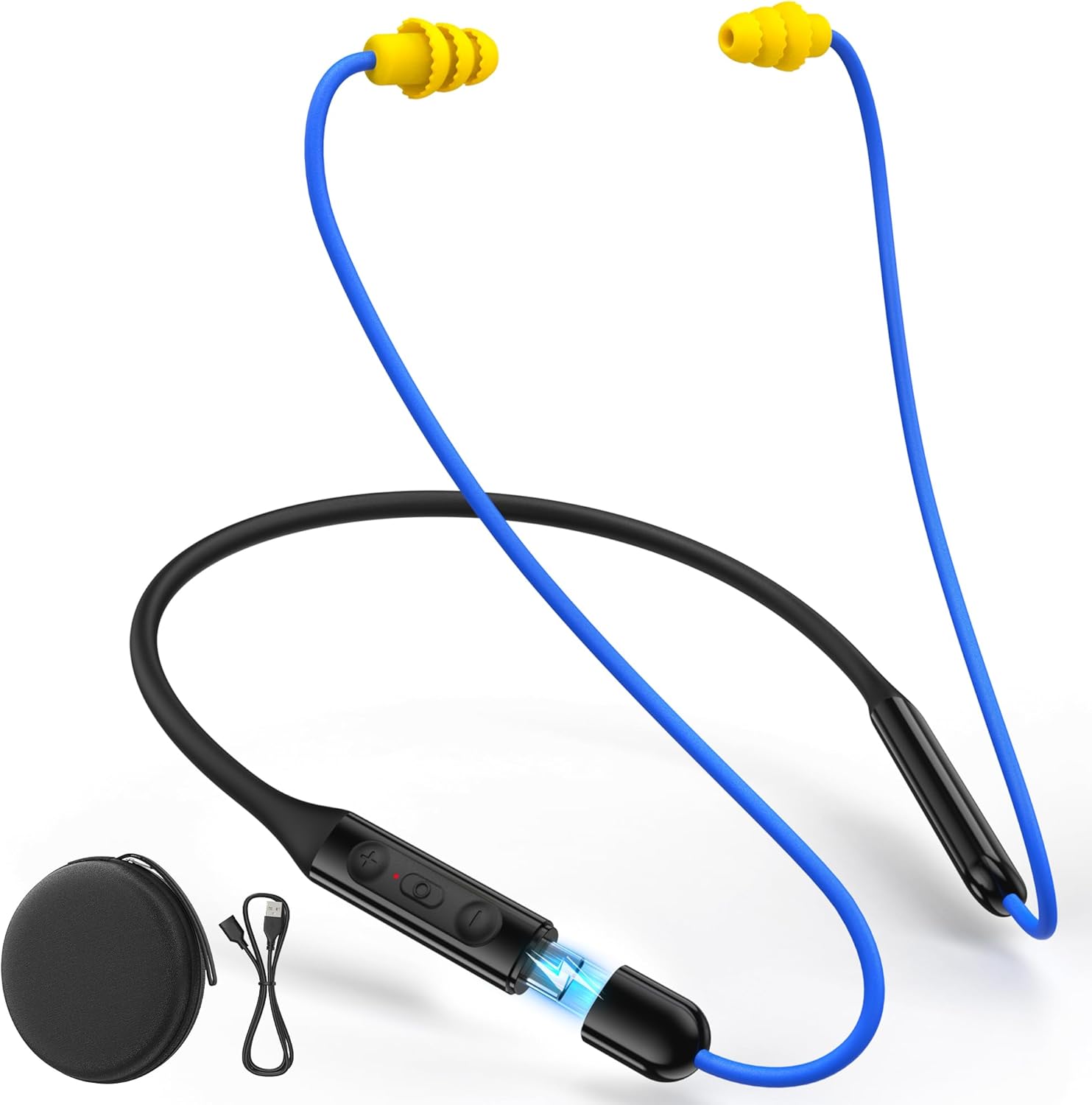 Bluetooth 6.0 Earplug Headphones with 40H Playtime & OSHA Compliant 29dB Noise Reduction Hearing Protection, Rechargeable Wireless Neckband Earbuds w/Mic, IPX6 Waterproof for Construction, Workshop Blue with Yellow