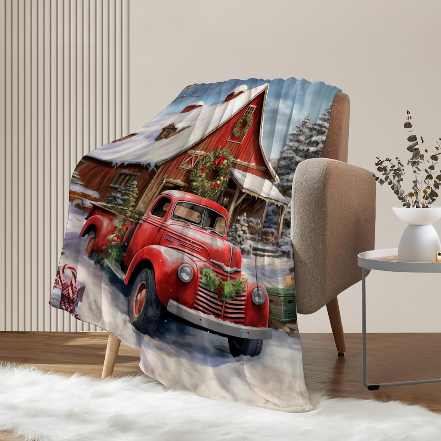 Neatee Living Farmhouse Christmas Throw Blanket Vintage Red Truck Blanket Xmas Winter Holiday Throw Blanket Couch Sofa Bed Soft Cozy Lightweight Fuzzy Plush Fleece Blankets and Throws 50x60 - Image 4