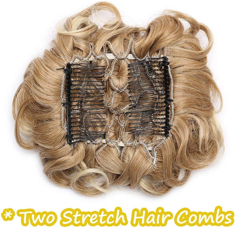 Silk-co Messy Curly Hair Bun -Sandy Brown to Bleach Blonde Hair Extension Stretch Combs Clip in Ponytail Scrunchie Chignon Hairpieces - Image 3