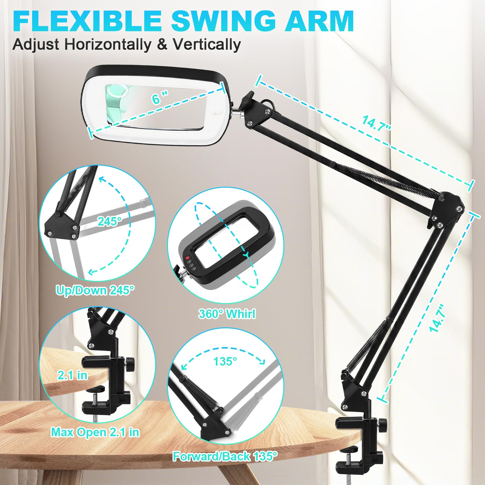NZQXJXZ Lupa con Luz 10X 30X con Pinza para Lectura y Hobbies | Brazo Flexible 75 cm, Lente Acrílica Grande, 3 Modos de Luz, Brillo Regulable y Pinza Práctica para Uso Manos Libres