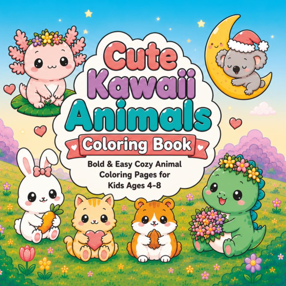 Cute Kawaii Animals Coloring Book for Kids: Bold & Easy Coloring Pages Featuring Adorable Animals for Kids Ages 4-8 — Friends, Axolotls, Bunnies, Capybaras & More
