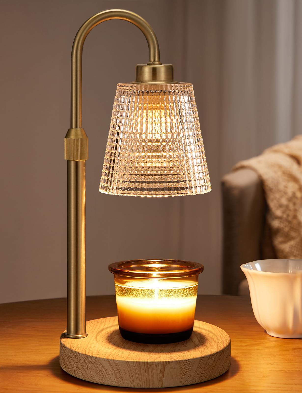 Wood Color&amp; Clear Candle Warmer Lamp with Timer, Dimmable Candle Warmer for Jar Candles, Height Adjustable Wax Melts Warmer, Birthday Gifts for Women Mom, House Warming Gifts New Home Decor