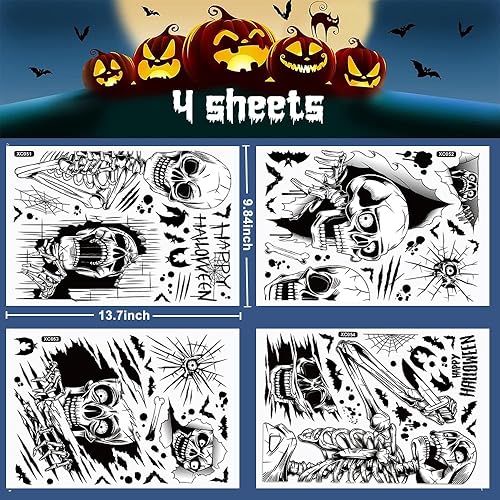 Miniatura 8 de Calcomanías de Halloween para ventanas de vidrio, calcomanías de calavera fantasma, diseño de murciélagos, decoración de ventanas, 4 hojas