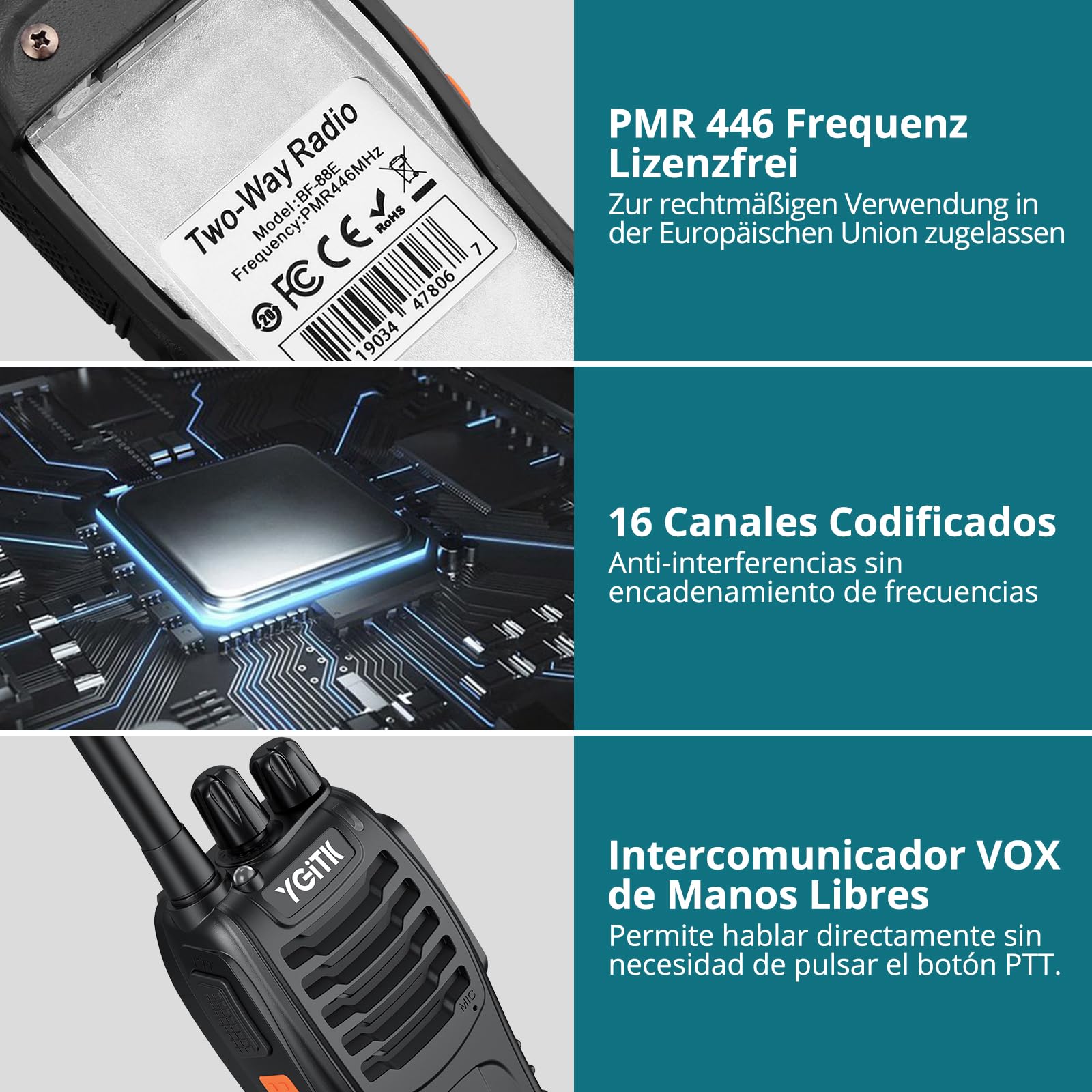 Walkie Talkies 4 Stück PMR446 16 Kanäle Professionelle Funkgerät Set | Lizenzfrei Wiederaufladbare Langstreckenradio mit VOX LED-Taschenlampe, Handheld, für den Außenbereich (2 Paar, Schwarz)